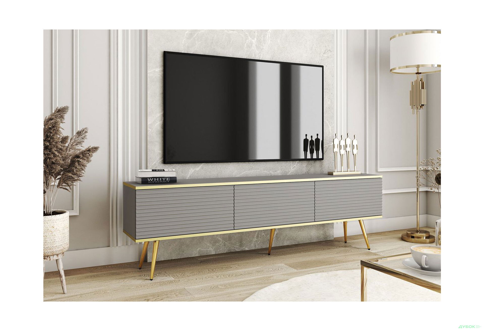 Тумба під ТВ Perfect Home Оро / Oro MDF з 3 дверками 175 см, сірий, золоті ніжки - Зображення 2 Зображення 2 - Тумба під ТВ Perfect Home Оро / Oro MDF з 3 дверками 175 см, сірий, золоті ніжки