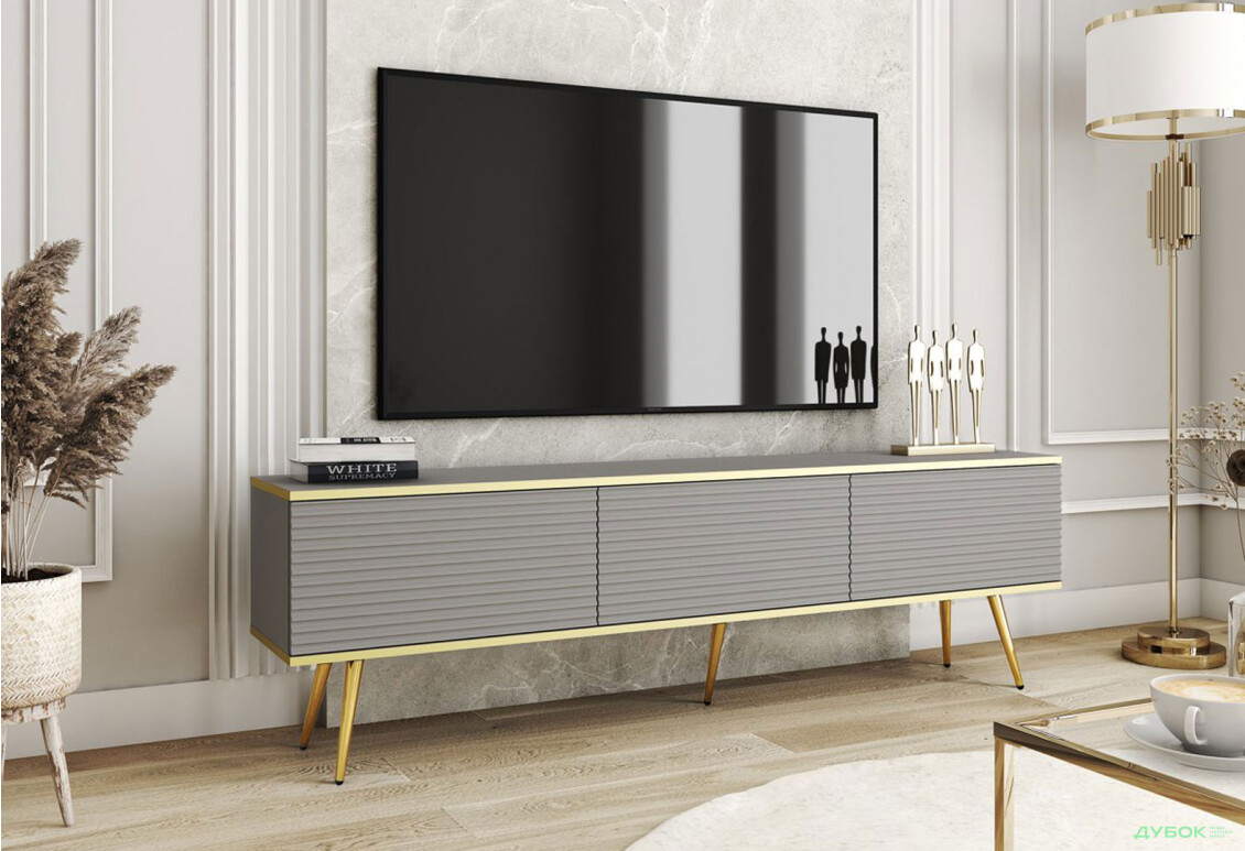 Тумба під ТВ Perfect Home Оро / Oro MDF з 3 дверками 175 см, сірий, золоті ніжки - Зображення 2 Зображення 2 - Тумба під ТВ Perfect Home Оро / Oro MDF з 3 дверками 175 см, сірий, золоті ніжки