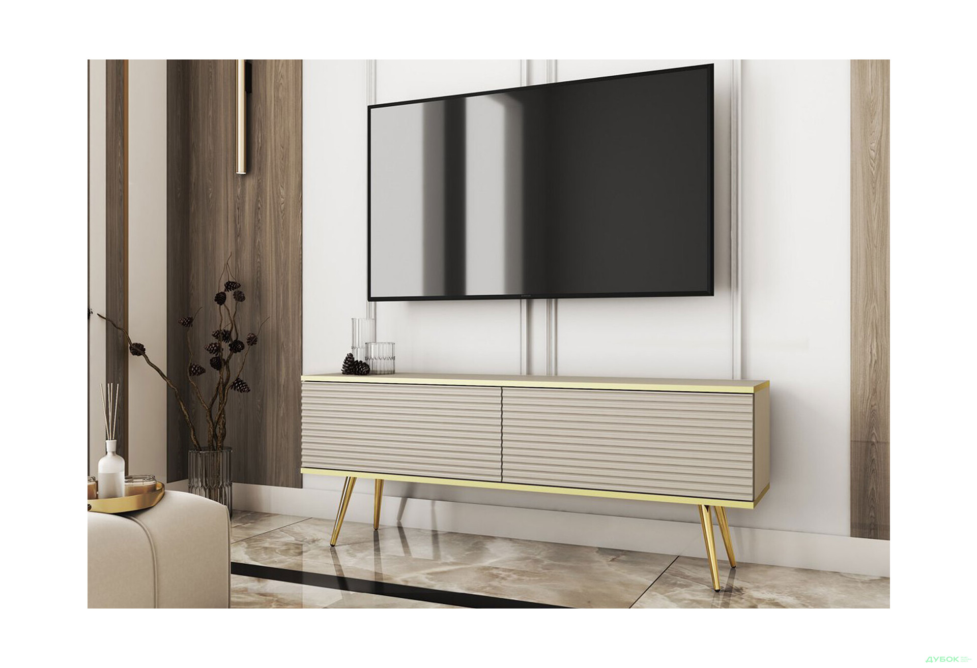 Зображення 2 - Тумба під ТВ Perfect Home Оро / Oro MDF з 2 дверками 135 см, бежевий, золоті ніжки