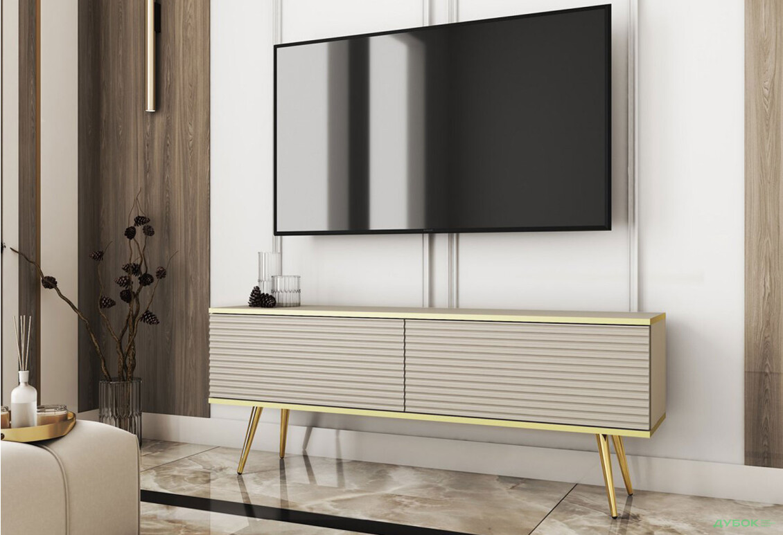 Тумба під ТВ Perfect Home Оро / Oro MDF з 2 дверками 135 см, бежевий, золоті ніжки - Зображення 2 Зображення 2 - Тумба під ТВ Perfect Home Оро / Oro MDF з 2 дверками 135 см, бежевий, золоті ніжки