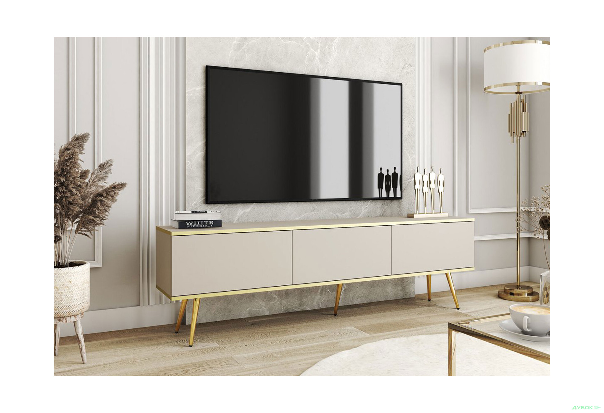 Тумба под ТВ Perfect Home Оро / Oro с 3 дверками 175 см, бежевый, золотые ножки - Изображение 2 Изображение 2 - Тумба под ТВ Perfect Home Оро / Oro с 3 дверками 175 см, бежевый, золотые ножки