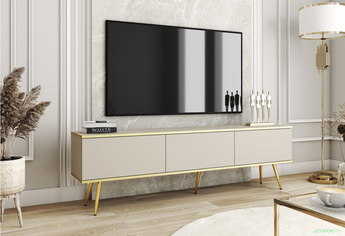 Тумба под ТВ Perfect Home Оро / Oro с 3 дверками 175 см, бежевый, золотые ножки - Изображение 2 Изображение 2 - Тумба под ТВ Perfect Home Оро / Oro с 3 дверками 175 см, бежевый, золотые ножки