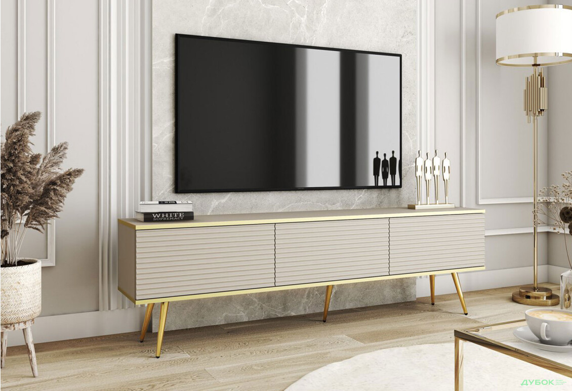 Изображение 2 - Тумба под ТВ Perfect Home Оро / Oro MDF с 3 дверками 175 см, бежевый, золотые ножки