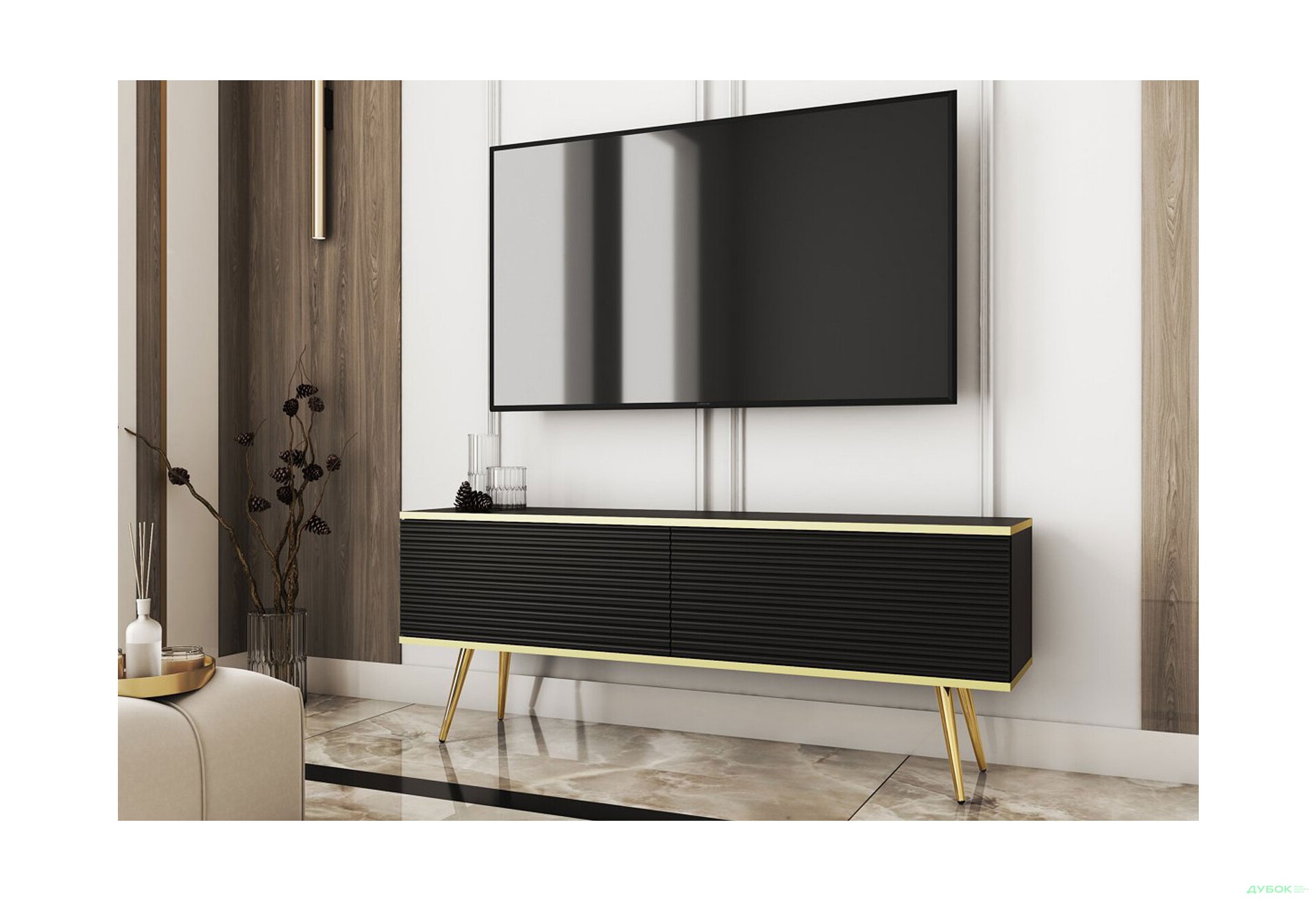 Зображення 2 - Тумба під ТВ Perfect Home Оро / Oro MDF з 2 дверками 135 см, чорний, золоті ніжки