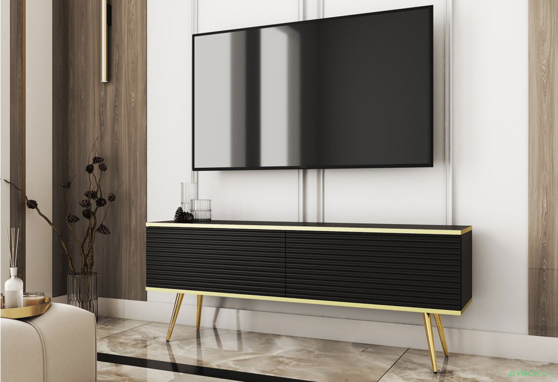 Тумба під ТВ Perfect Home Оро / Oro MDF з 2 дверками 135 см, чорний, золоті ніжки - Зображення 2 Зображення 2 - Тумба під ТВ Perfect Home Оро / Oro MDF з 2 дверками 135 см, чорний, золоті ніжки