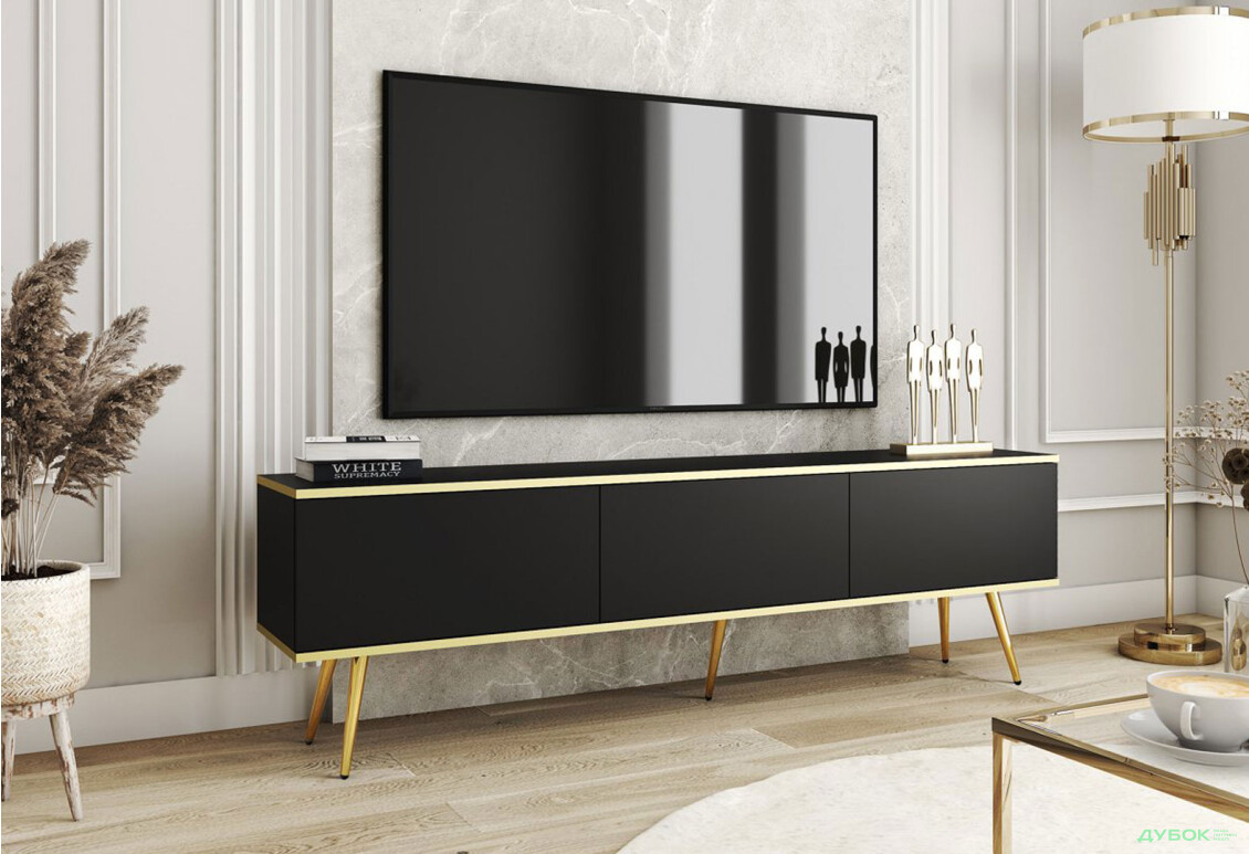 Зображення 2 - Тумба під ТВ Perfect Home Оро / Oro з 3 дверками 175 см, чорний, золоті ніжки