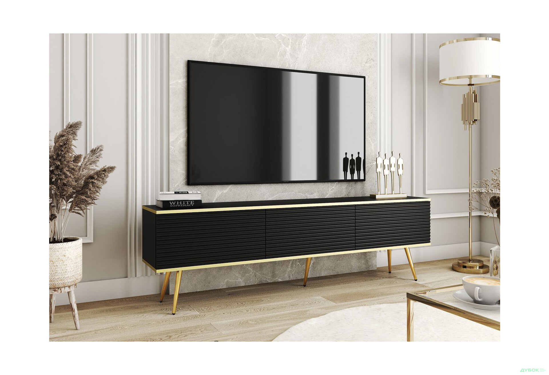 Зображення 2 - Тумба під ТВ Perfect Home Оро / Oro MDF з 3 дверками 175 см, чорний, золоті ніжки