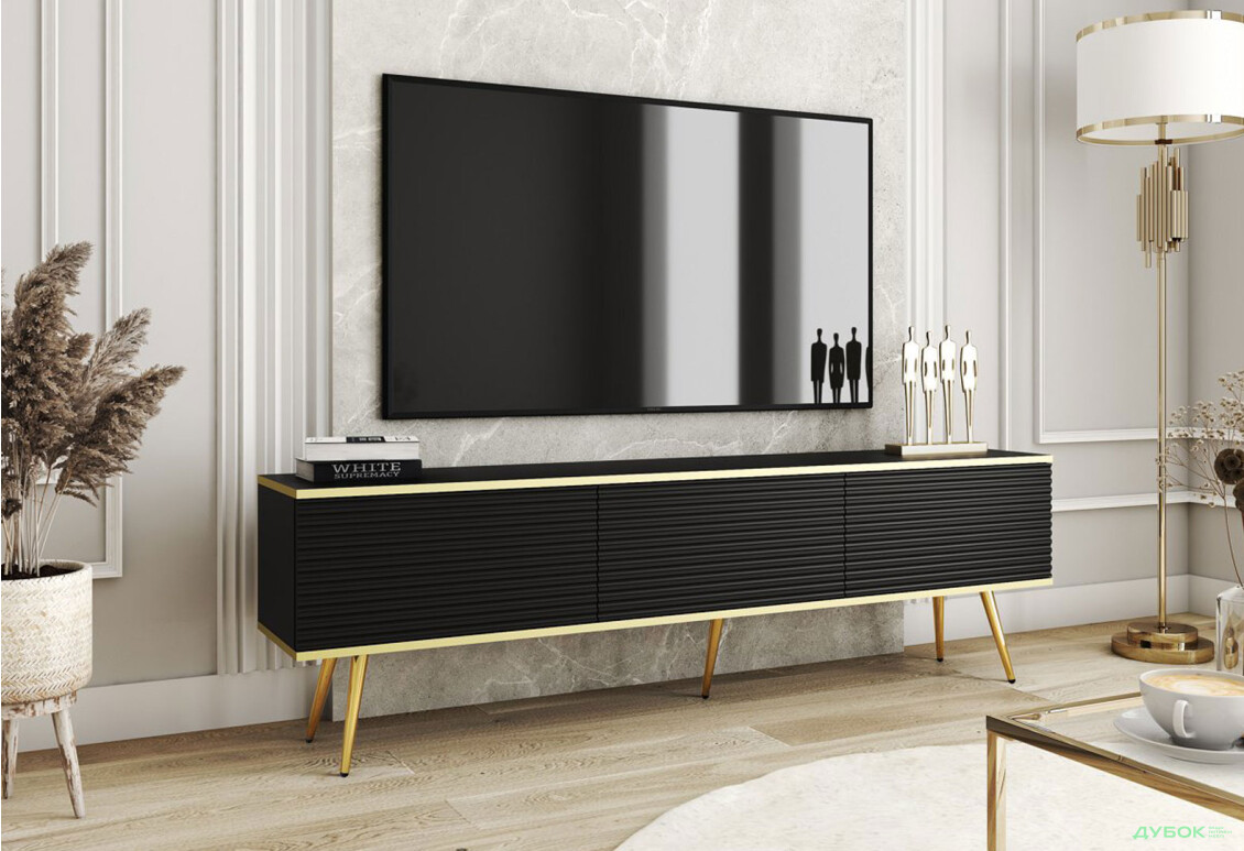 Зображення 2 - Тумба під ТВ Perfect Home Оро / Oro MDF з 3 дверками 175 см, чорний, золоті ніжки