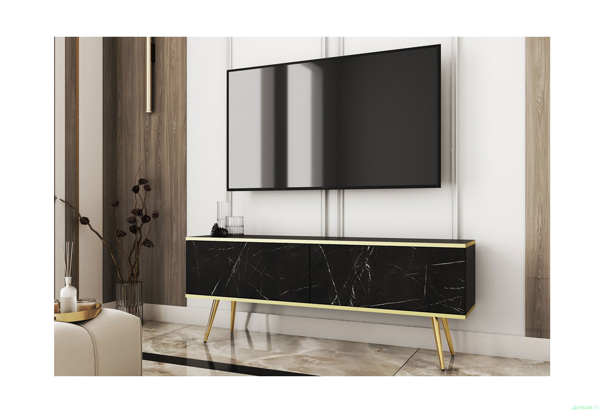 Тумба под ТВ Perfect Home Оро / Oro с 2 дверками 135 см, черный мрамор, золотые ножки - Изображение 2 Изображение 2 - Тумба под ТВ Perfect Home Оро / Oro с 2 дверками 135 см, черный мрамор, золотые ножки