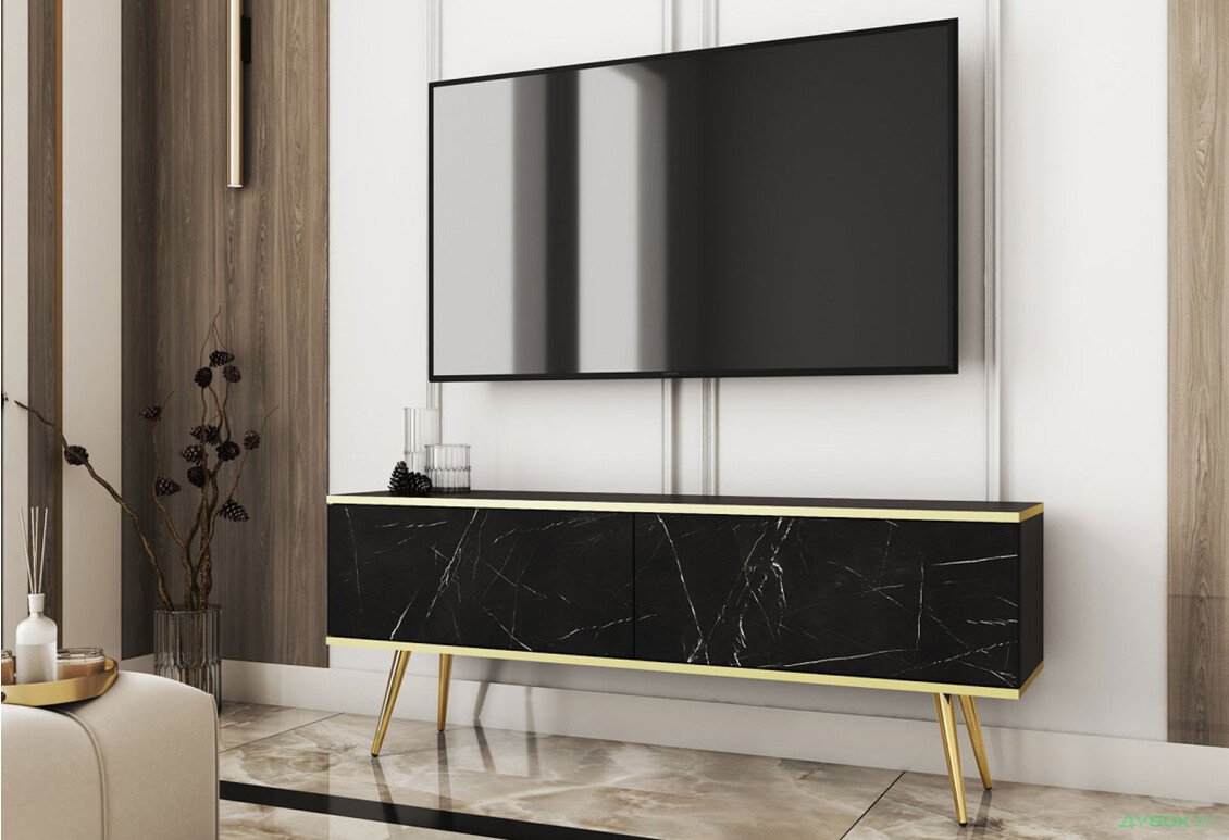 Тумба под ТВ Perfect Home Оро / Oro с 2 дверками 135 см, черный мрамор, золотые ножки - Изображение 2 Изображение 2 - Тумба под ТВ Perfect Home Оро / Oro с 2 дверками 135 см, черный мрамор, золотые ножки