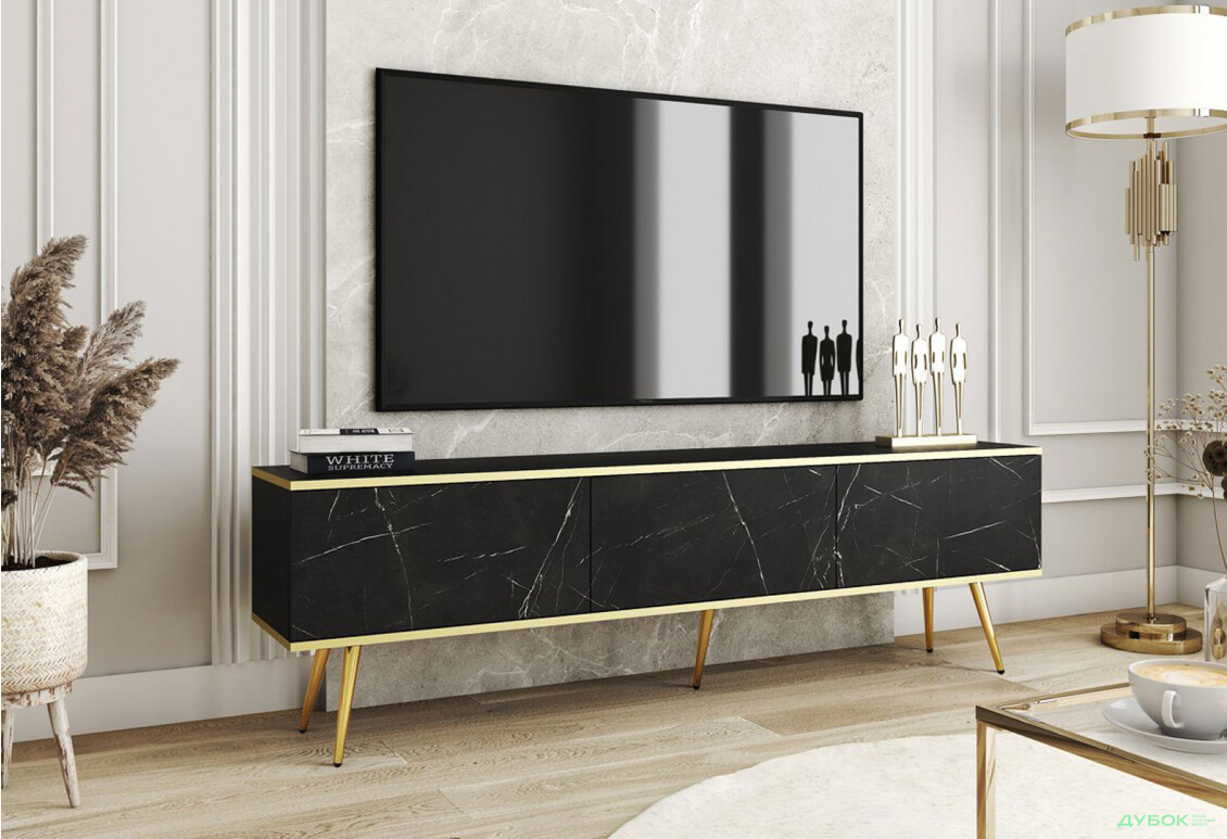 Зображення 2 - Тумба під ТВ Perfect Home Оро / Oro з 3 дверками 175 см, чорний мрамор, золоті ніжки