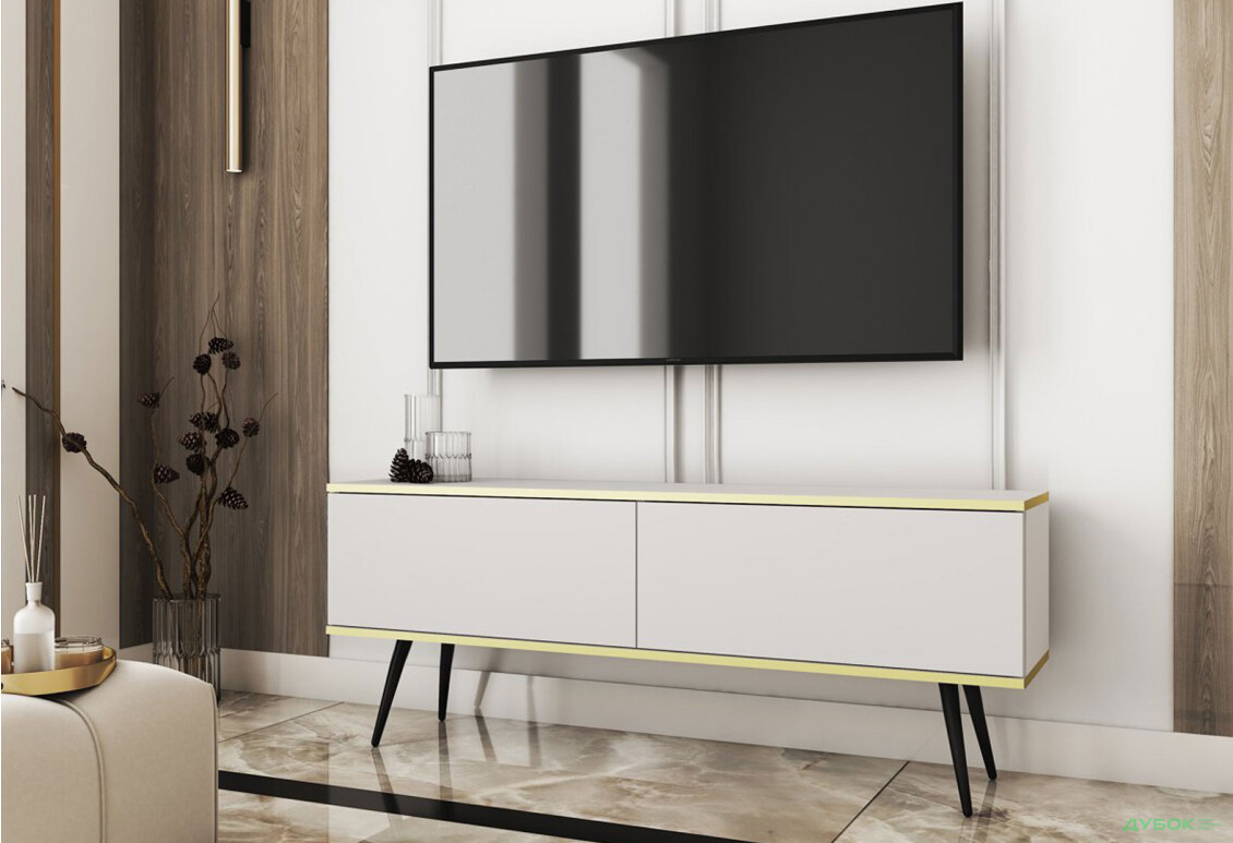 Зображення 2 - Тумба під ТВ Perfect Home Оро / Oro з 2 дверками 135 см, білий, чорні ніжки