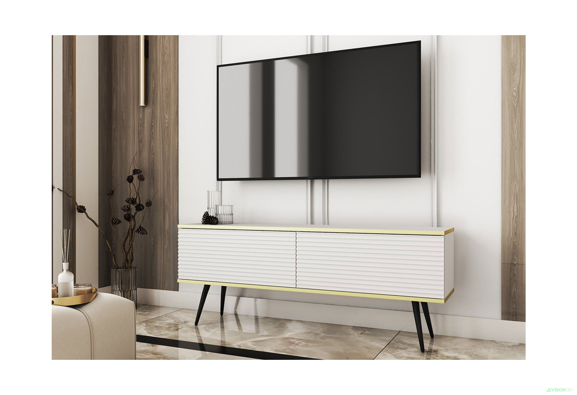 Изображение 2 - Тумба под ТВ Perfect Home Оро / Oro MDF с 2 дверками 135 см, белый, черные ножки