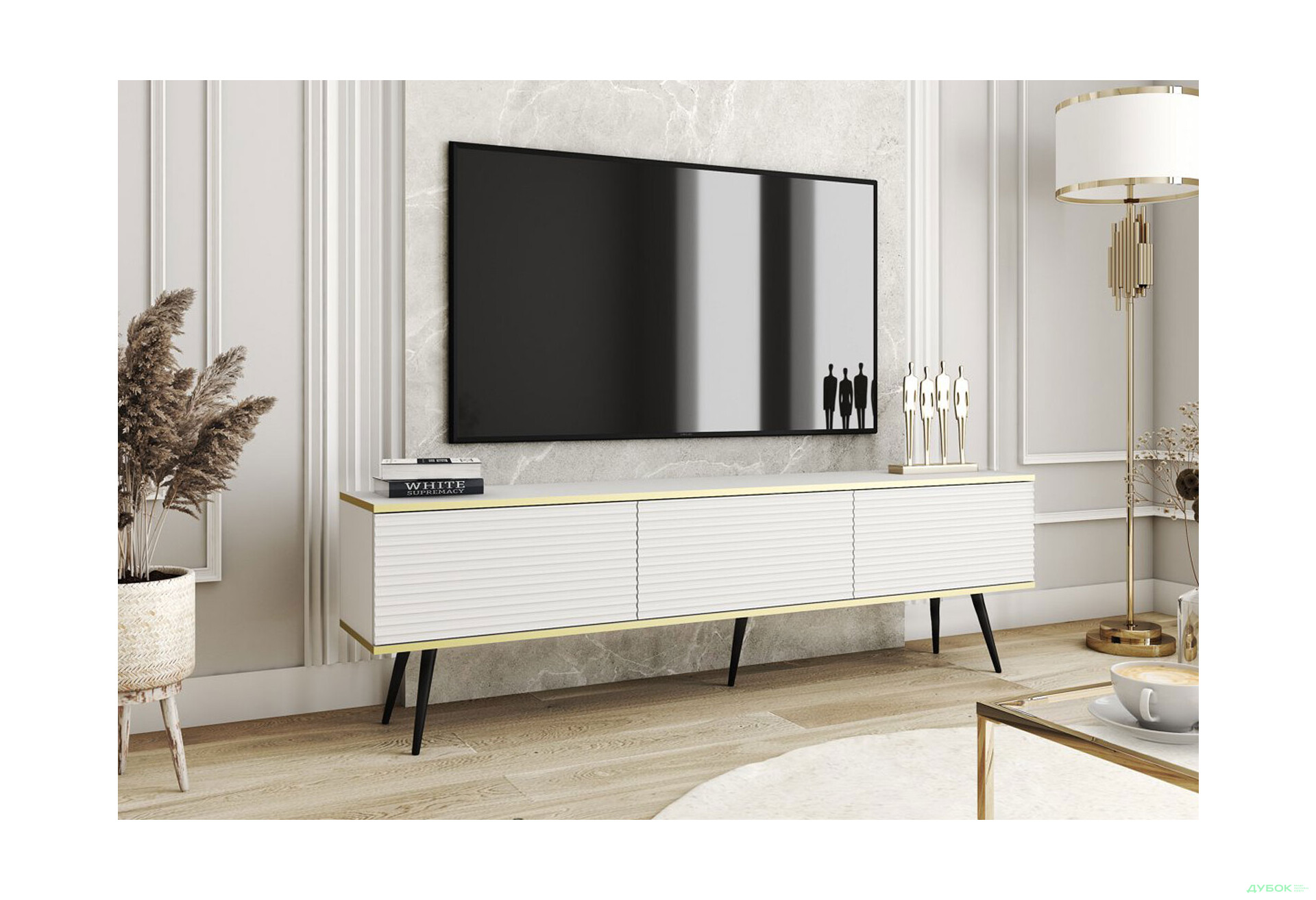 Зображення 2 - Тумба під ТВ Perfect Home Оро / Oro MDF з 3 дверками 175 см, білий, чорні ніжки