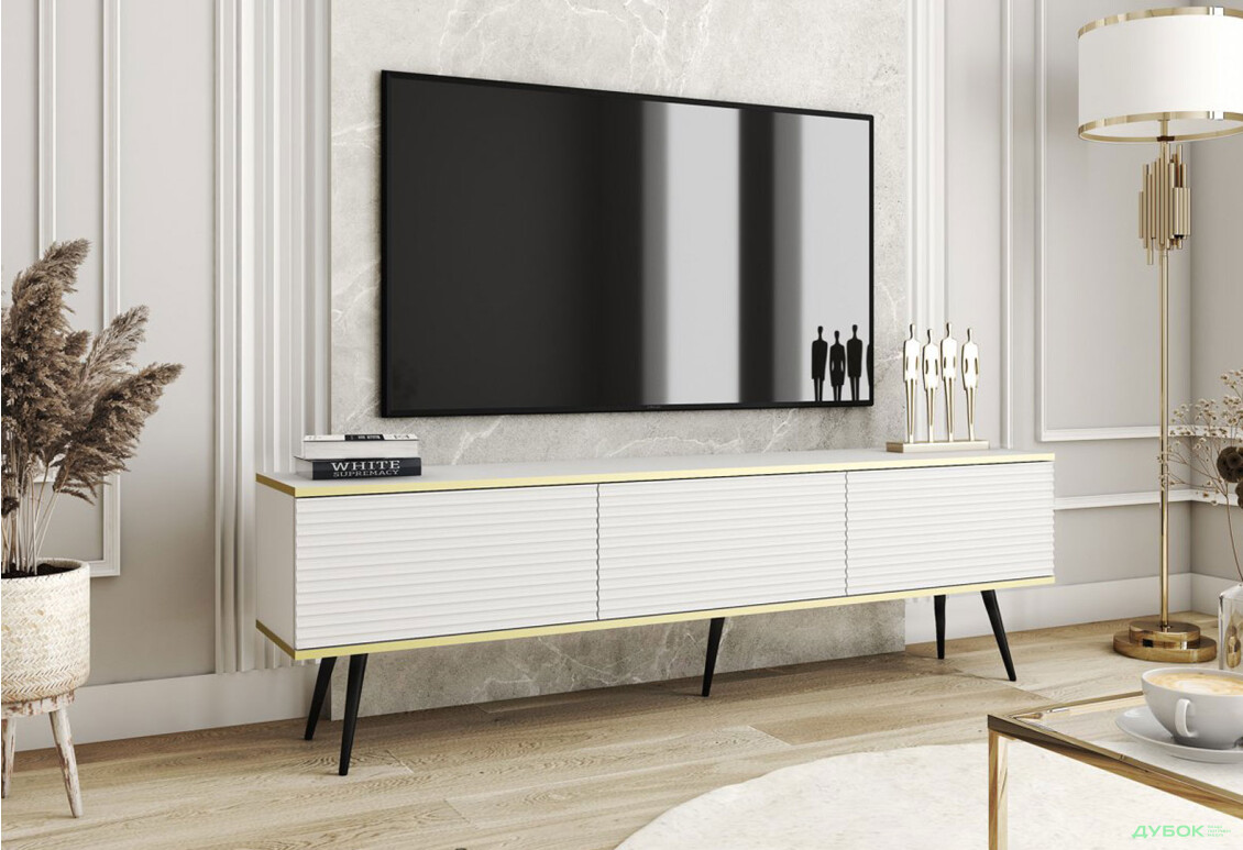 Зображення 2 - Тумба під ТВ Perfect Home Оро / Oro MDF з 3 дверками 175 см, білий, чорні ніжки