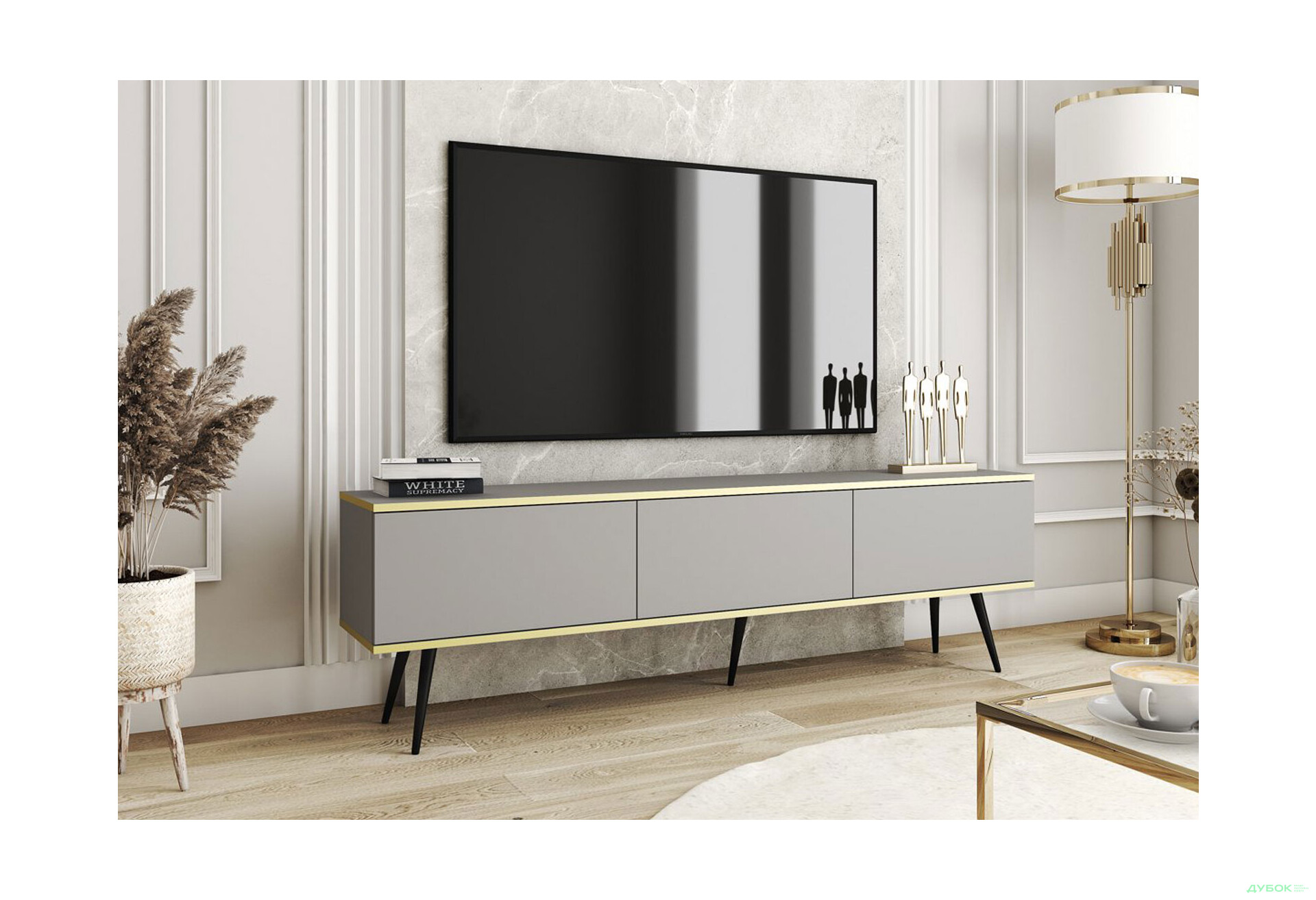 Тумба под ТВ Perfect Home Оро / Oro с 3 дверками 175 см, серый, черные ножки - Изображение 2 Изображение 2 - Тумба под ТВ Perfect Home Оро / Oro с 3 дверками 175 см, серый, черные ножки