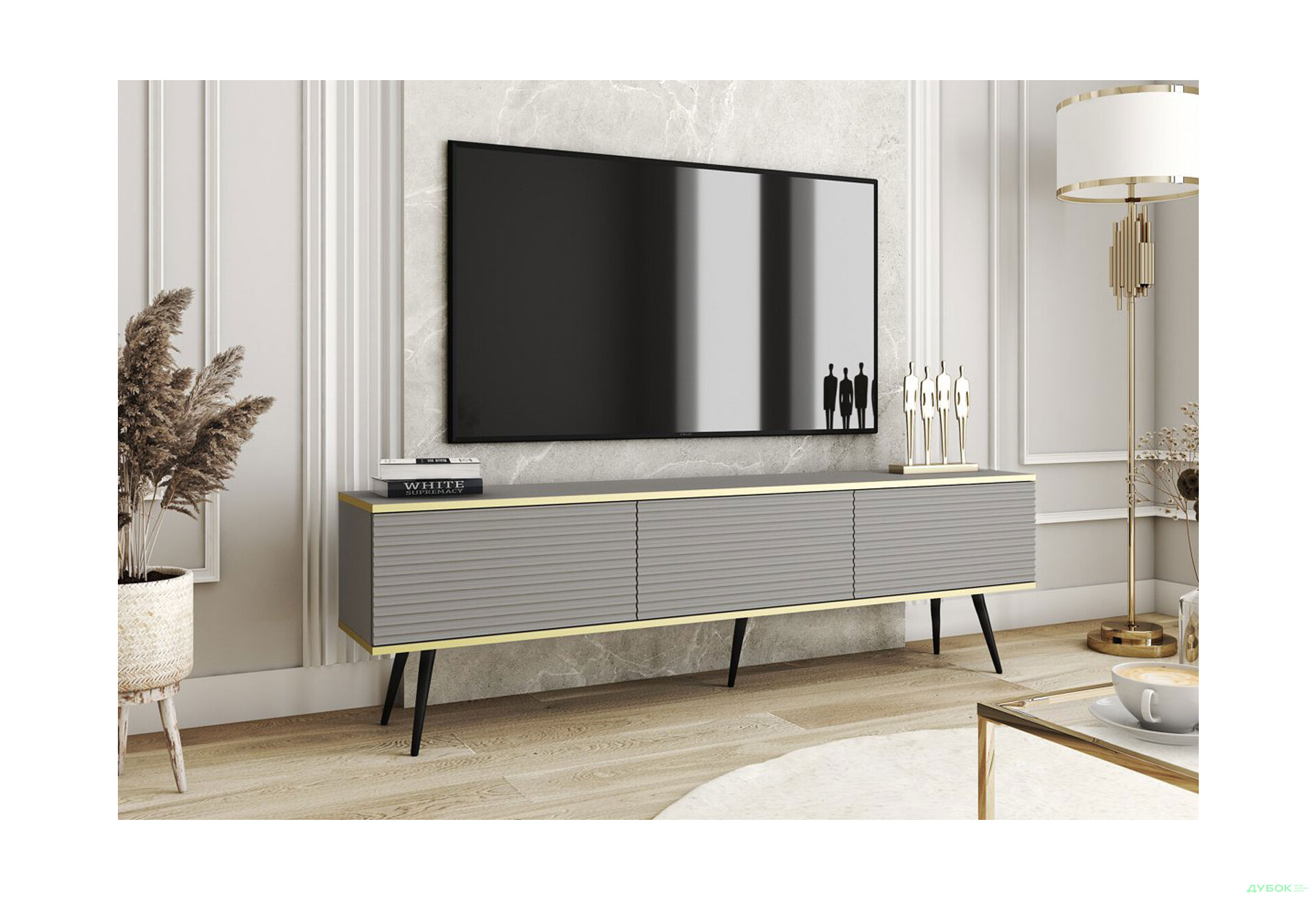 Зображення 2 - Тумба під ТВ Perfect Home Оро / Oro MDF з 3 дверками 175 см, сірий, чорні ніжки