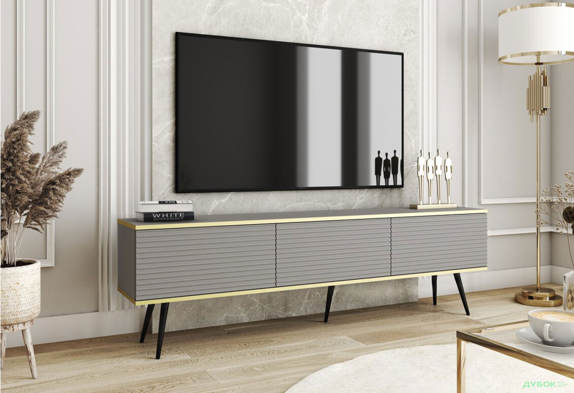 Тумба под ТВ Perfect Home Оро / Oro MDF с 3 дверками 175 см, серый, черные ножки - Изображение 2 Изображение 2 - Тумба под ТВ Perfect Home Оро / Oro MDF с 3 дверками 175 см, серый, черные ножки