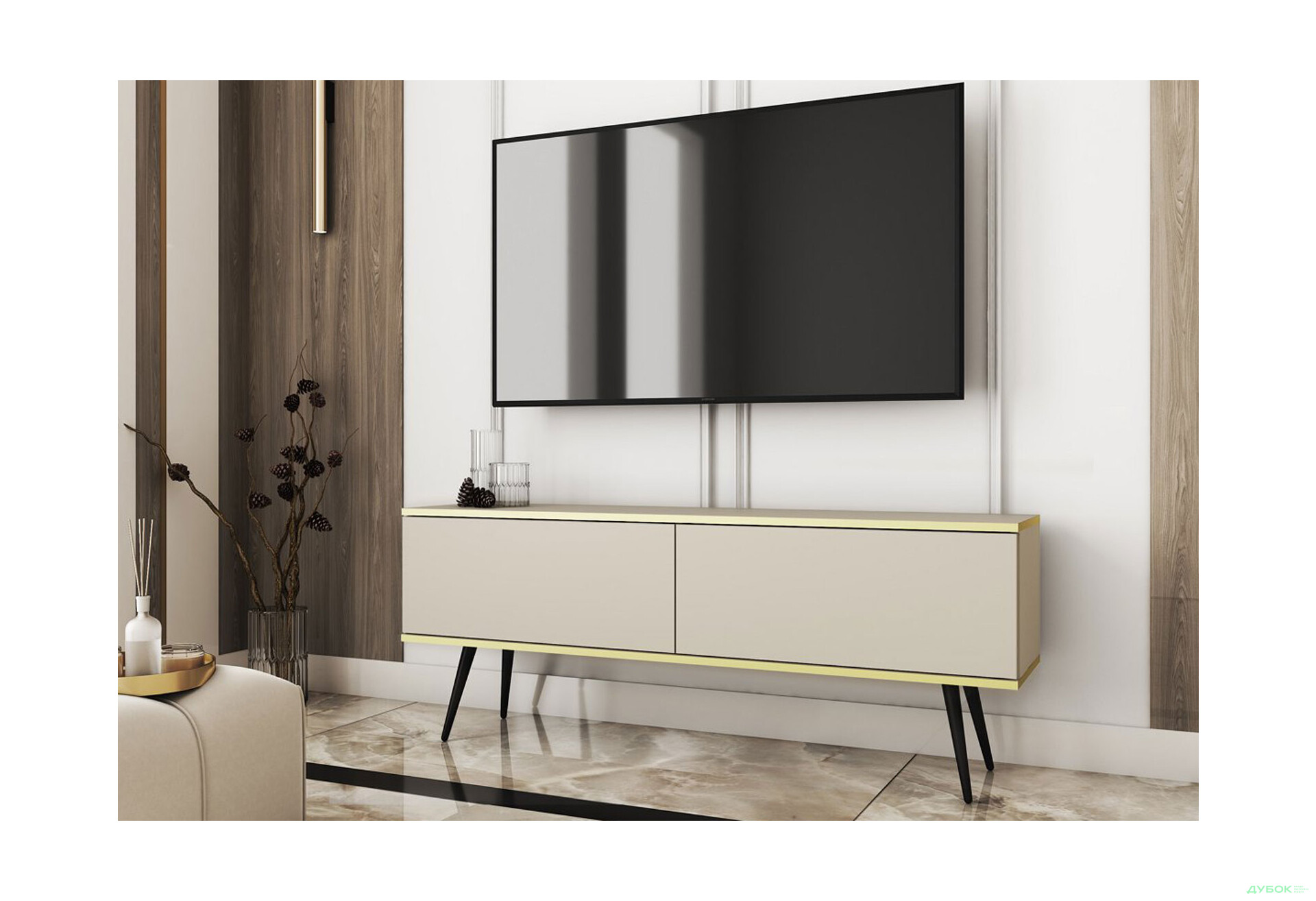 Тумба під ТВ Perfect Home Оро / Oro з 2 дверками 135 см, бежевий, чорні ніжки - Зображення 2 Зображення 2 - Тумба під ТВ Perfect Home Оро / Oro з 2 дверками 135 см, бежевий, чорні ніжки