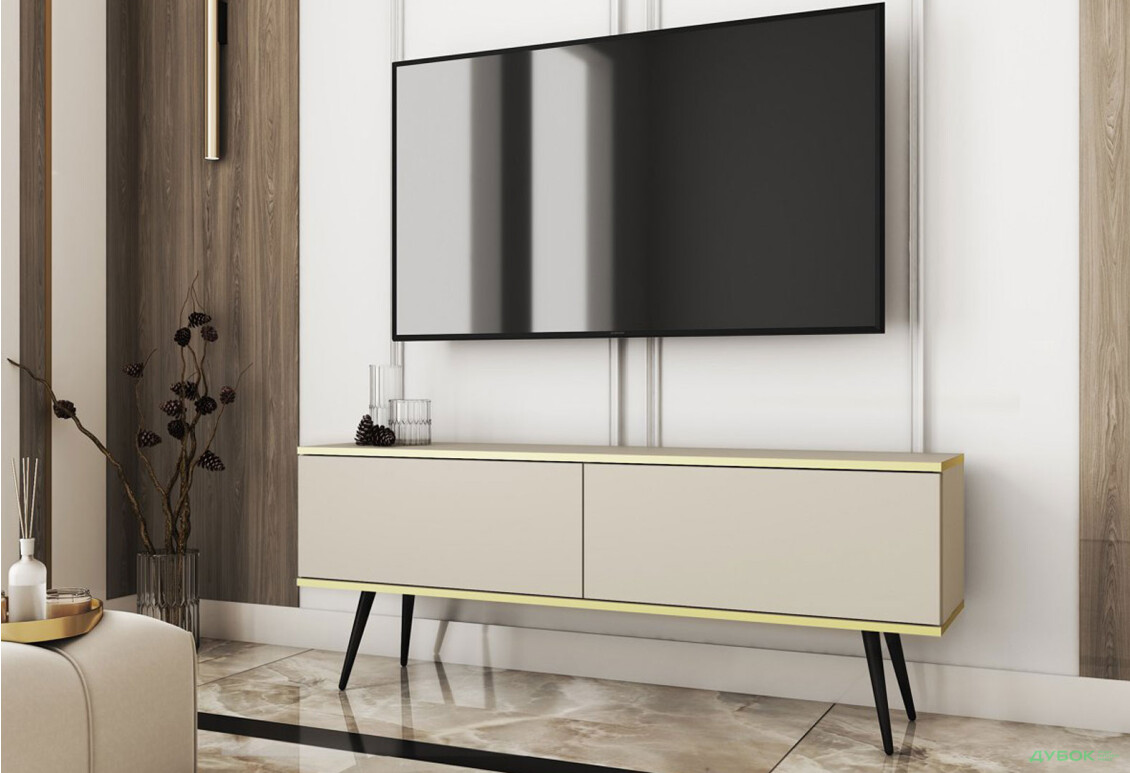 Тумба під ТВ Perfect Home Оро / Oro з 2 дверками 135 см, бежевий, чорні ніжки - Зображення 2 Зображення 2 - Тумба під ТВ Perfect Home Оро / Oro з 2 дверками 135 см, бежевий, чорні ніжки