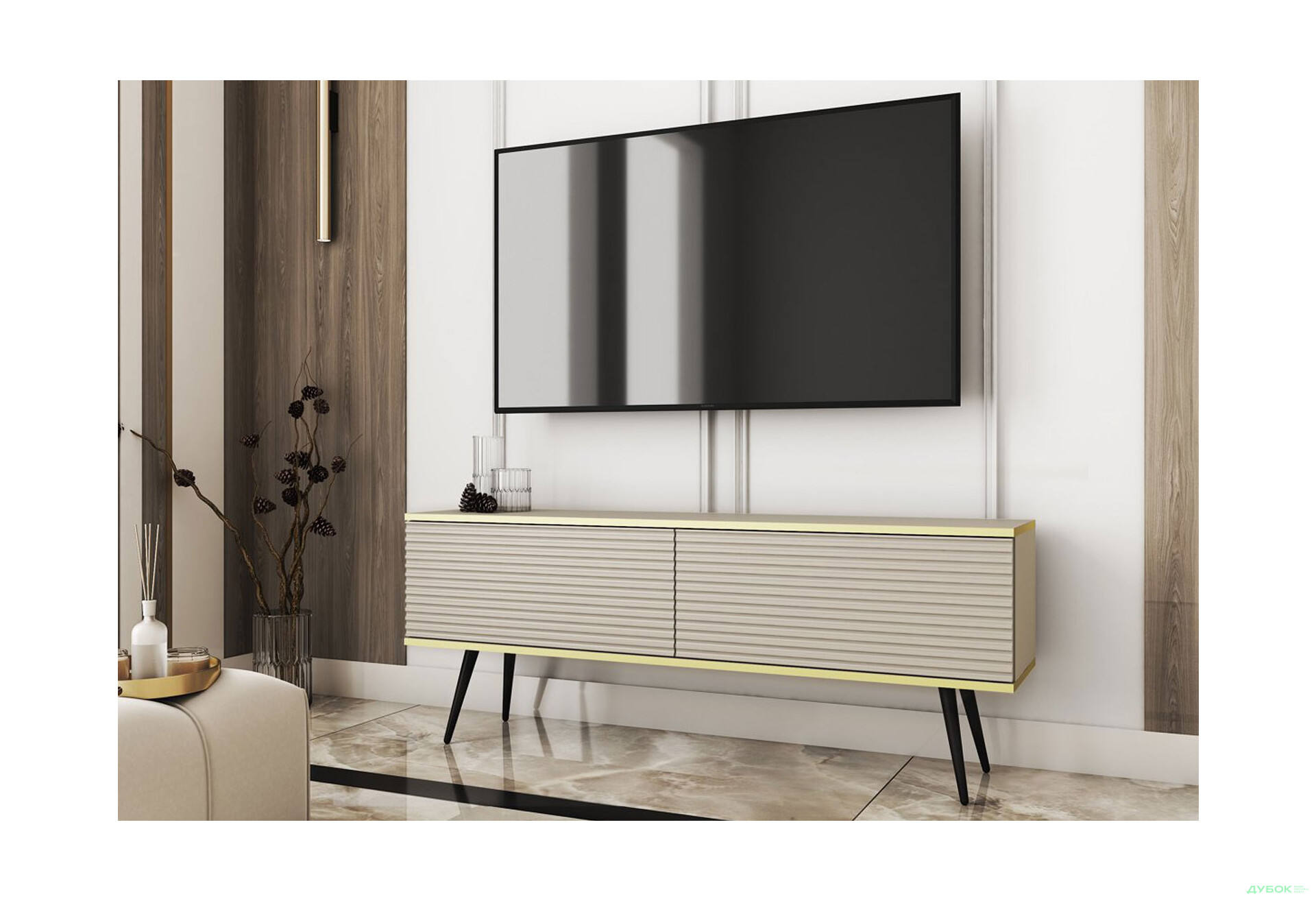 Тумба под ТВ Perfect Home Оро / Oro MDF с 2 дверками 135 см, бежевый, черные ножки - Изображение 2 Изображение 2 - Тумба под ТВ Perfect Home Оро / Oro MDF с 2 дверками 135 см, бежевый, черные ножки