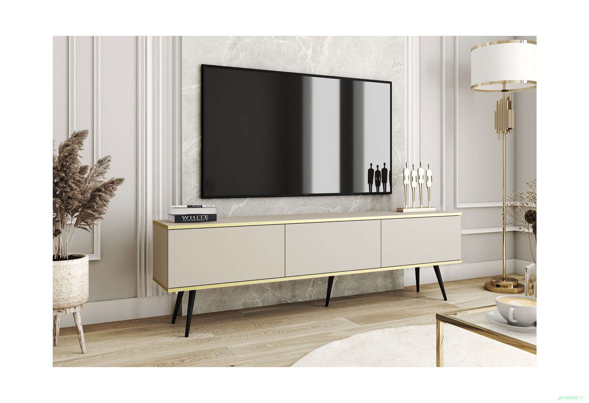 Тумба под ТВ Perfect Home Оро / Oro с 3 дверками 175 см, бежевый, черные ножки - Изображение 2 Изображение 2 - Тумба под ТВ Perfect Home Оро / Oro с 3 дверками 175 см, бежевый, черные ножки