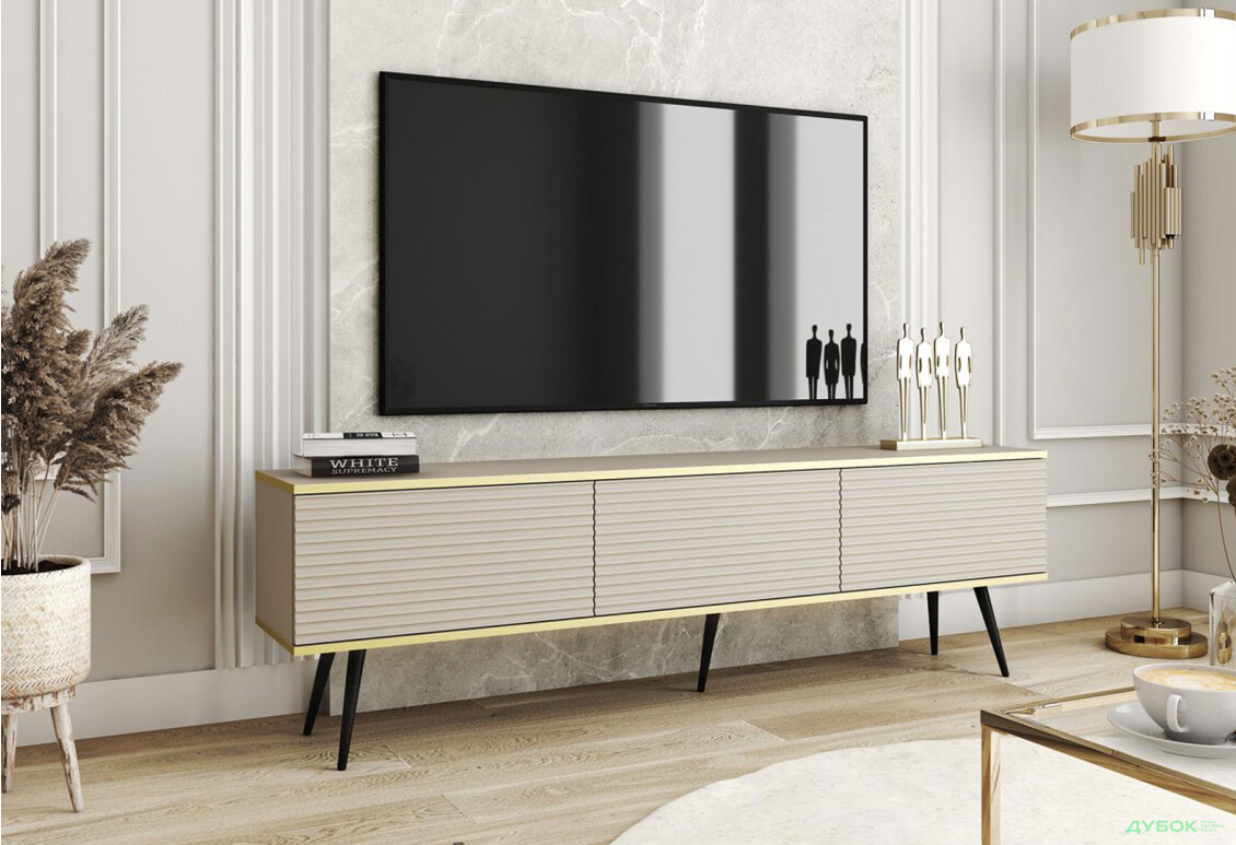 Тумба под ТВ Perfect Home Оро / Oro MDF с 3 дверками 175 см, бежевый, черные ножки - Изображение 2 Изображение 2 - Тумба под ТВ Perfect Home Оро / Oro MDF с 3 дверками 175 см, бежевый, черные ножки