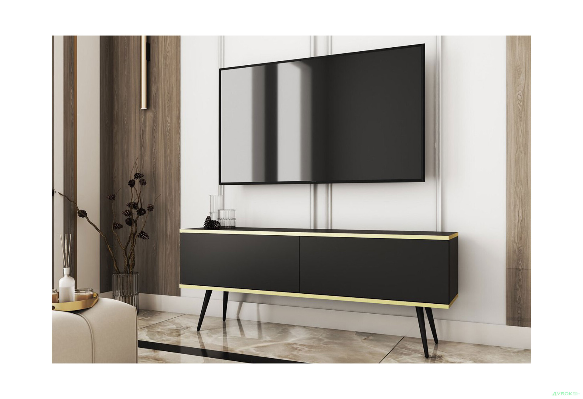 Тумба под ТВ Perfect Home Оро / Oro с 2 дверками 135 см, черный, черные ножки - Изображение 2 Изображение 2 - Тумба под ТВ Perfect Home Оро / Oro с 2 дверками 135 см, черный, черные ножки