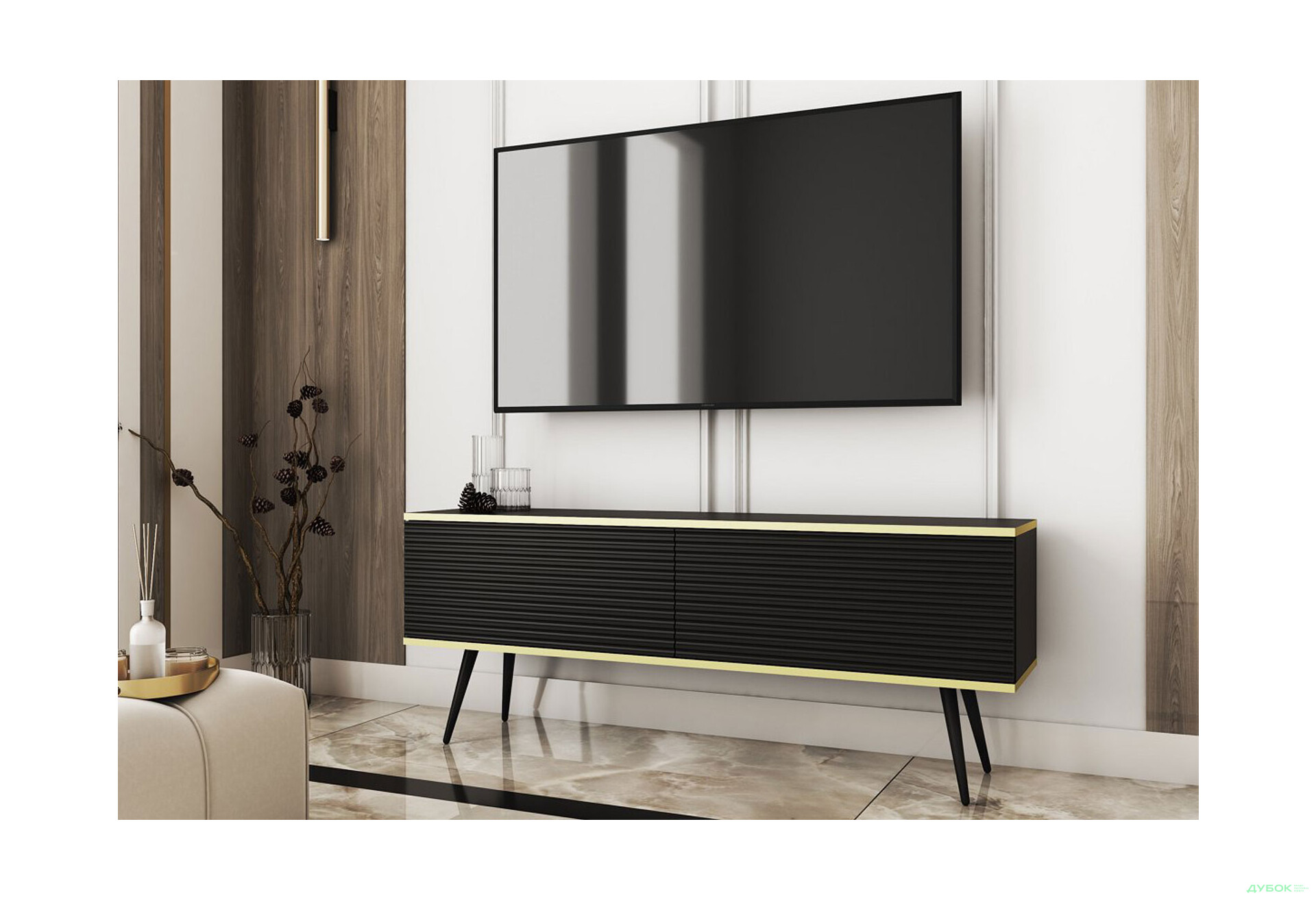 Тумба під ТВ Perfect Home Оро / Oro MDF з 2 дверками 135 см, чорний, чорні ніжки - Зображення 2 Зображення 2 - Тумба під ТВ Perfect Home Оро / Oro MDF з 2 дверками 135 см, чорний, чорні ніжки