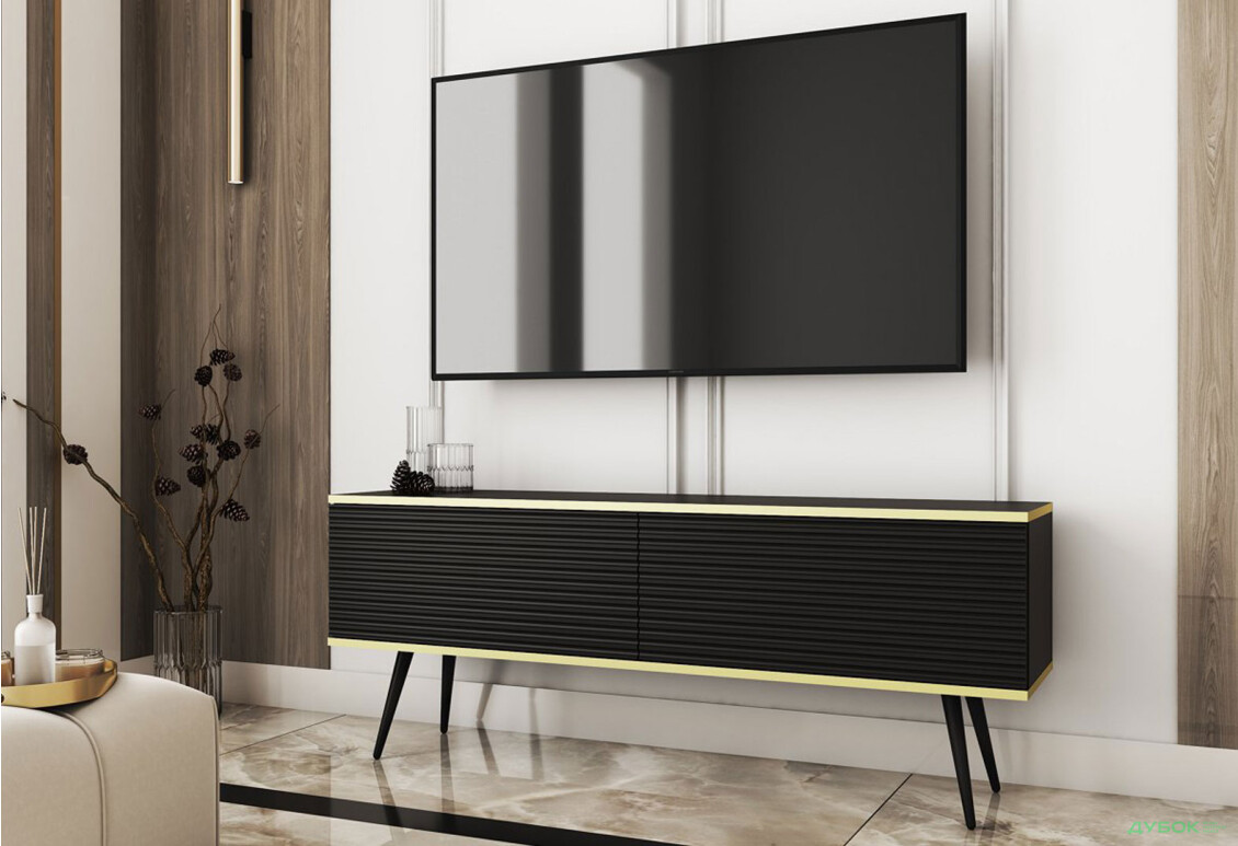 Зображення 2 - Тумба під ТВ Perfect Home Оро / Oro MDF з 2 дверками 135 см, чорний, чорні ніжки