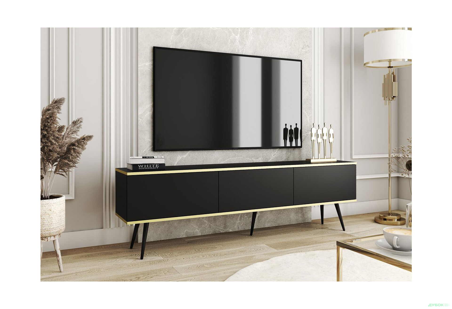 Тумба под ТВ Perfect Home Оро / Oro с 3 дверками 175 см, черный, черные ножки - Изображение 2 Изображение 2 - Тумба под ТВ Perfect Home Оро / Oro с 3 дверками 175 см, черный, черные ножки