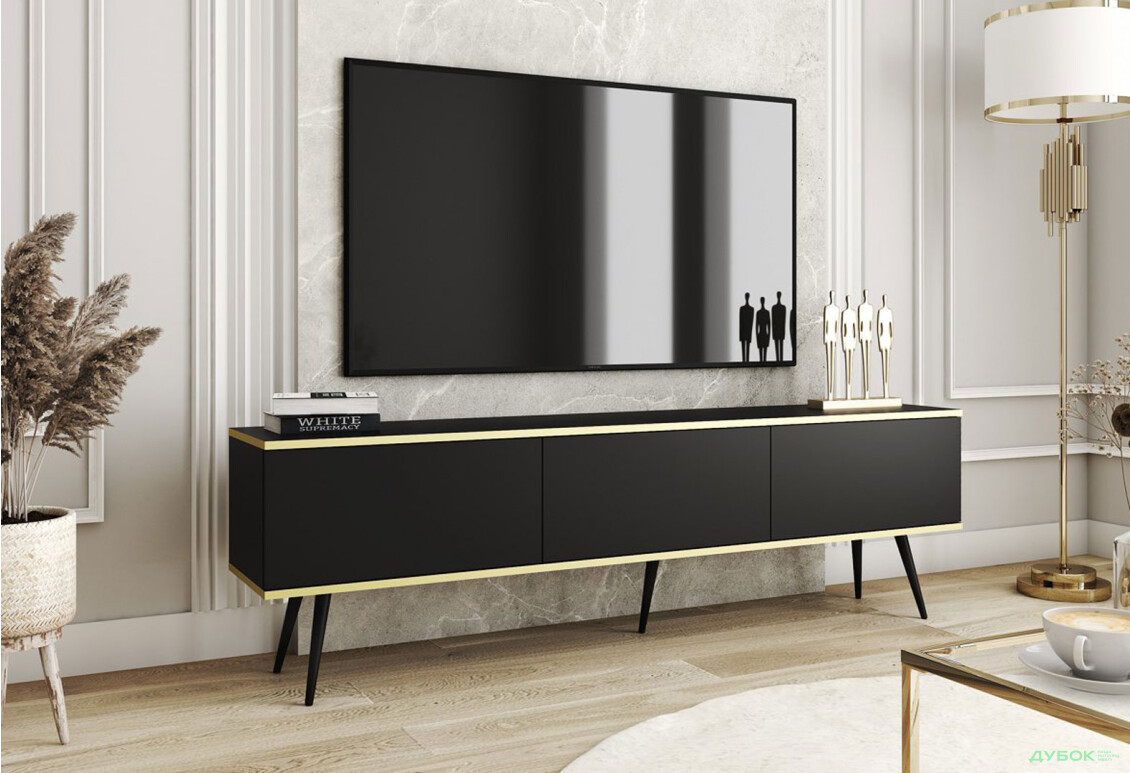 Тумба под ТВ Perfect Home Оро / Oro с 3 дверками 175 см, черный, черные ножки - Изображение 2 Изображение 2 - Тумба под ТВ Perfect Home Оро / Oro с 3 дверками 175 см, черный, черные ножки