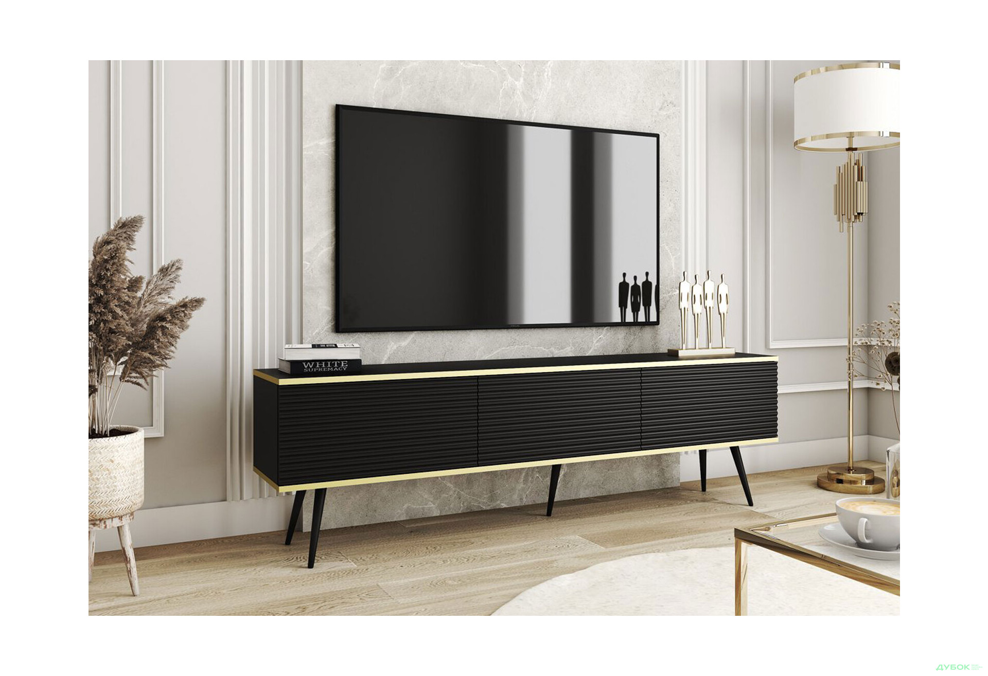 Тумба под ТВ Perfect Home Оро / Oro MDF с 3 дверками 175 см, черный, черные ножки - Изображение 2 Изображение 2 - Тумба под ТВ Perfect Home Оро / Oro MDF с 3 дверками 175 см, черный, черные ножки