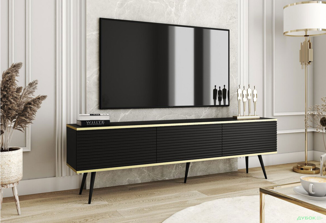 Тумба под ТВ Perfect Home Оро / Oro MDF с 3 дверками 175 см, черный, черные ножки - Изображение 2 Изображение 2 - Тумба под ТВ Perfect Home Оро / Oro MDF с 3 дверками 175 см, черный, черные ножки