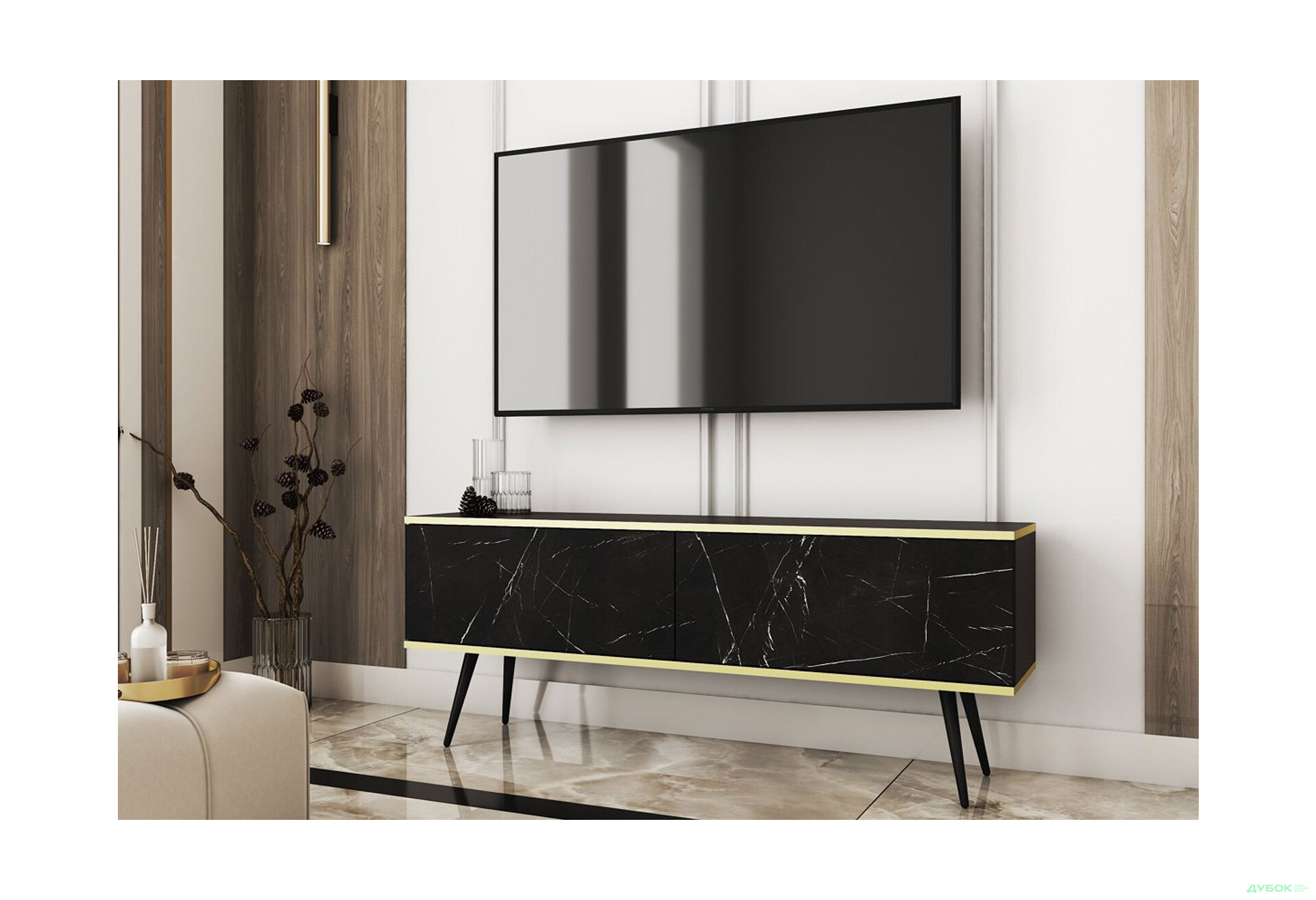 Зображення 2 - Тумба під ТВ Perfect Home Оро / Oro з 2 дверками 135 см, чорний мрамор, чорні ніжки