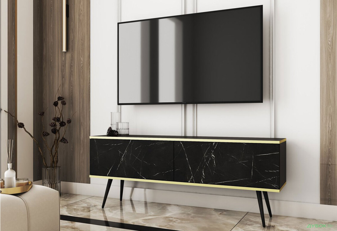 Зображення 2 - Тумба під ТВ Perfect Home Оро / Oro з 2 дверками 135 см, чорний мрамор, чорні ніжки