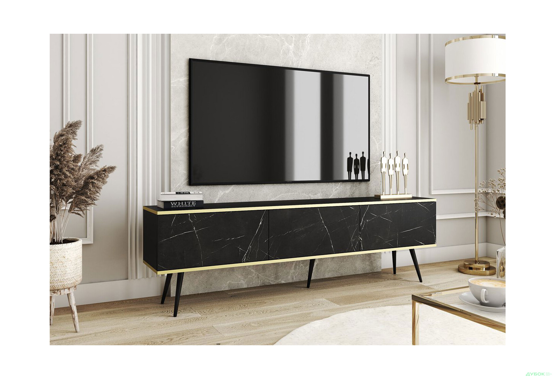 Тумба под ТВ Perfect Home Оро / Oro с 3 дверками 175 см, черный мрамор, черные ножки - Изображение 2 Изображение 2 - Тумба под ТВ Perfect Home Оро / Oro с 3 дверками 175 см, черный мрамор, черные ножки