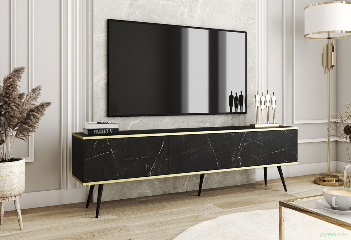 Тумба под ТВ Perfect Home Оро / Oro с 3 дверками 175 см, черный мрамор, черные ножки - Изображение 2 Изображение 2 - Тумба под ТВ Perfect Home Оро / Oro с 3 дверками 175 см, черный мрамор, черные ножки