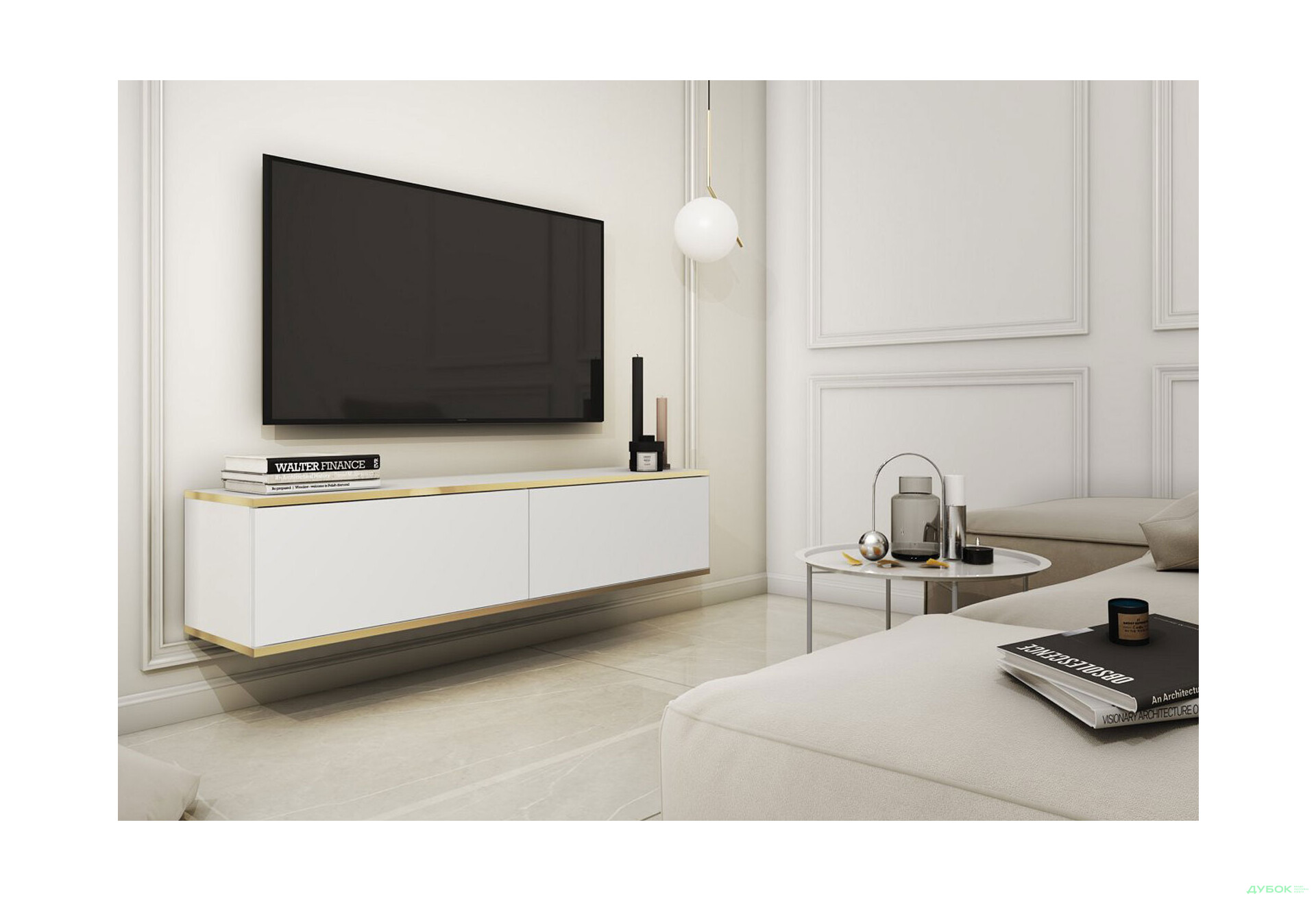 Тумба под ТВ Perfect Home Оро / Oro навесная с 2 дверками 135 см, белый - Изображение 2 Изображение 2 - Тумба под ТВ Perfect Home Оро / Oro навесная с 2 дверками 135 см, белый