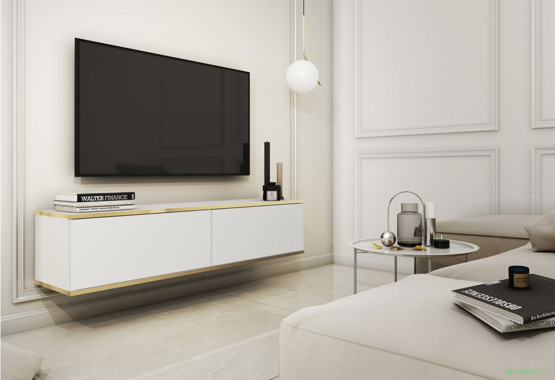 Тумба под ТВ Perfect Home Оро / Oro навесная с 2 дверками 135 см, белый - Изображение 2 Изображение 2 - Тумба под ТВ Perfect Home Оро / Oro навесная с 2 дверками 135 см, белый