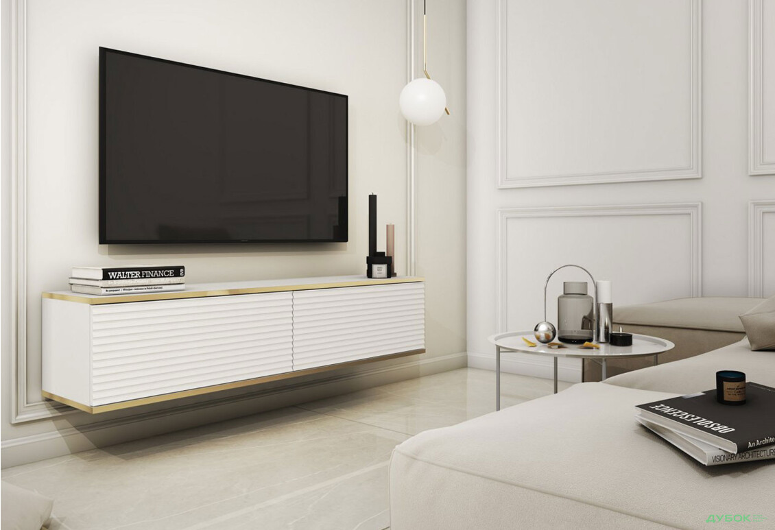 Тумба під ТВ Perfect Home Оро / Oro MDF навісна з 2 дверками 135 см, білий - Зображення 2 Зображення 2 - Тумба під ТВ Perfect Home Оро / Oro MDF навісна з 2 дверками 135 см, білий