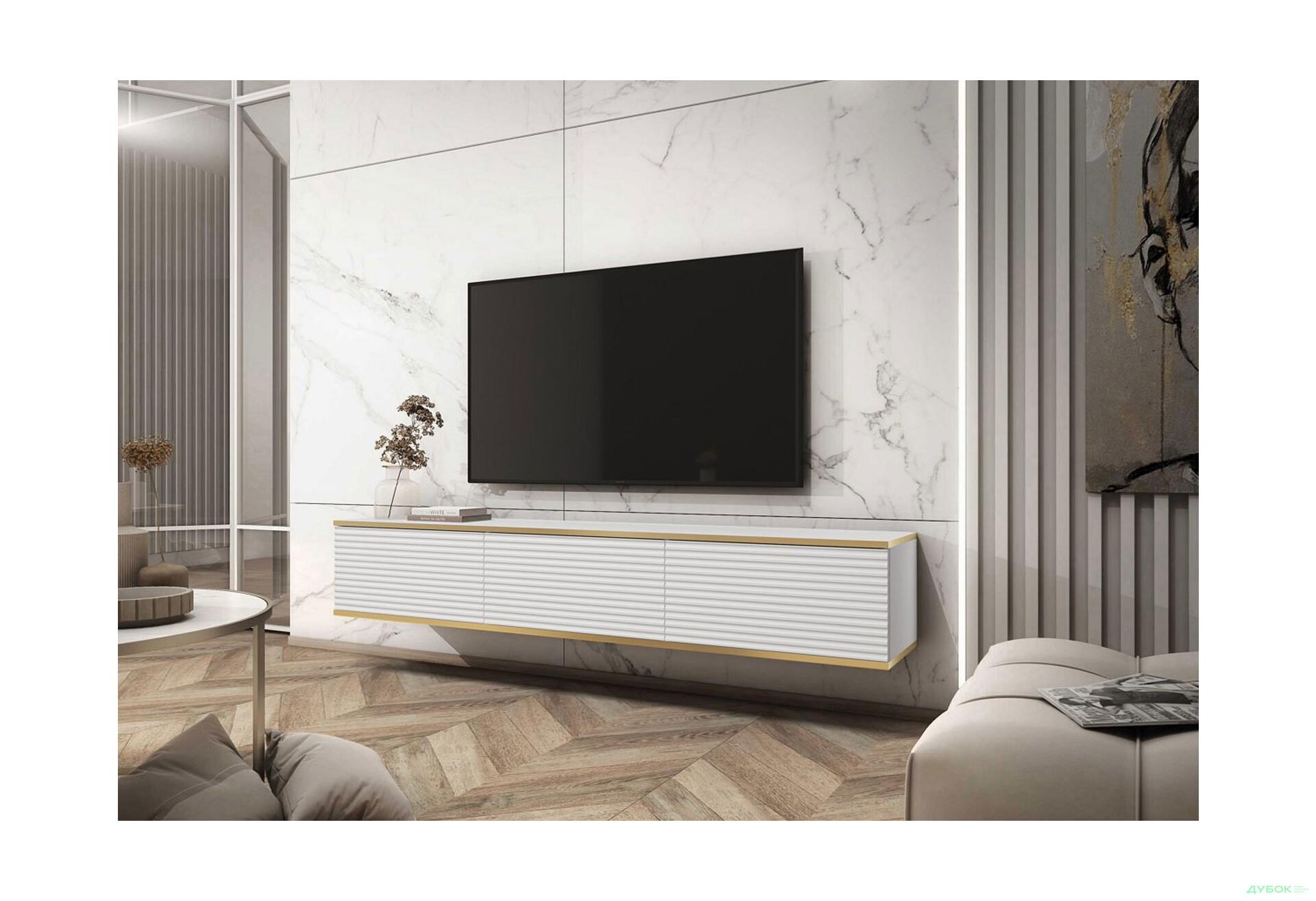 Зображення 2 - Тумба під ТВ Perfect Home Оро / Oro MDF навісна з 3 дверками 175 см, білий