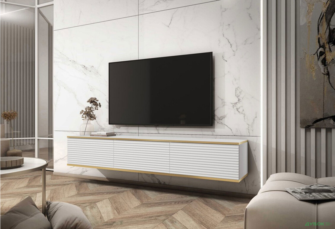 Зображення 2 - Тумба під ТВ Perfect Home Оро / Oro MDF навісна з 3 дверками 175 см, білий