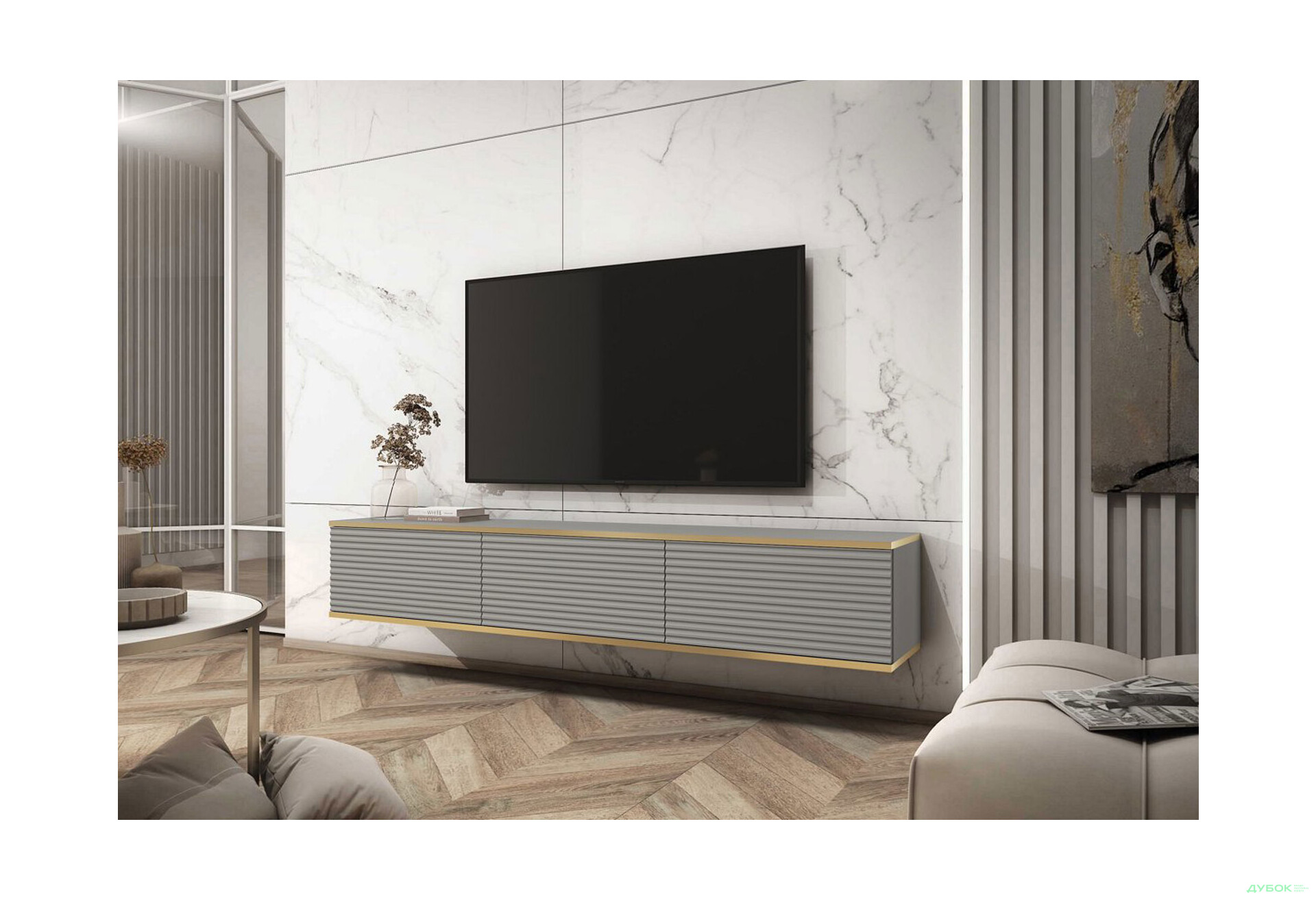 Тумба під ТВ Perfect Home Оро / Oro MDF навісна з 3 дверками 175 см, сірий - Зображення 2 Зображення 2 - Тумба під ТВ Perfect Home Оро / Oro MDF навісна з 3 дверками 175 см, сірий