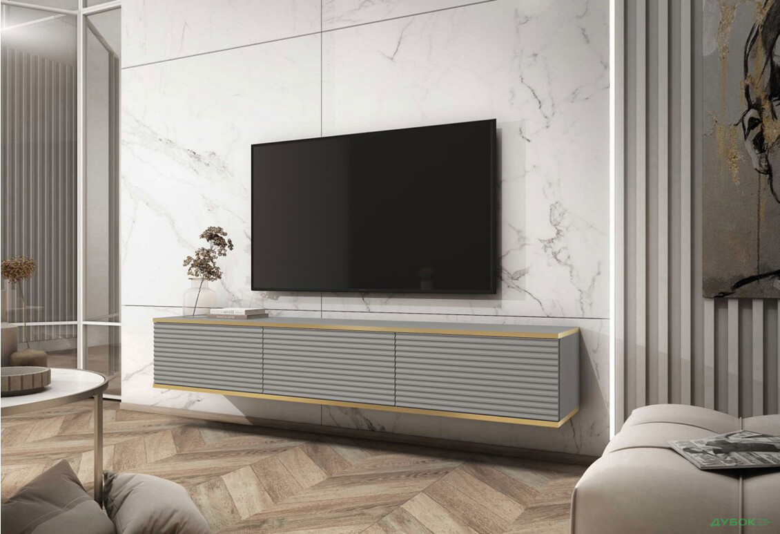 Зображення 2 - Тумба під ТВ Perfect Home Оро / Oro MDF навісна з 3 дверками 175 см, сірий
