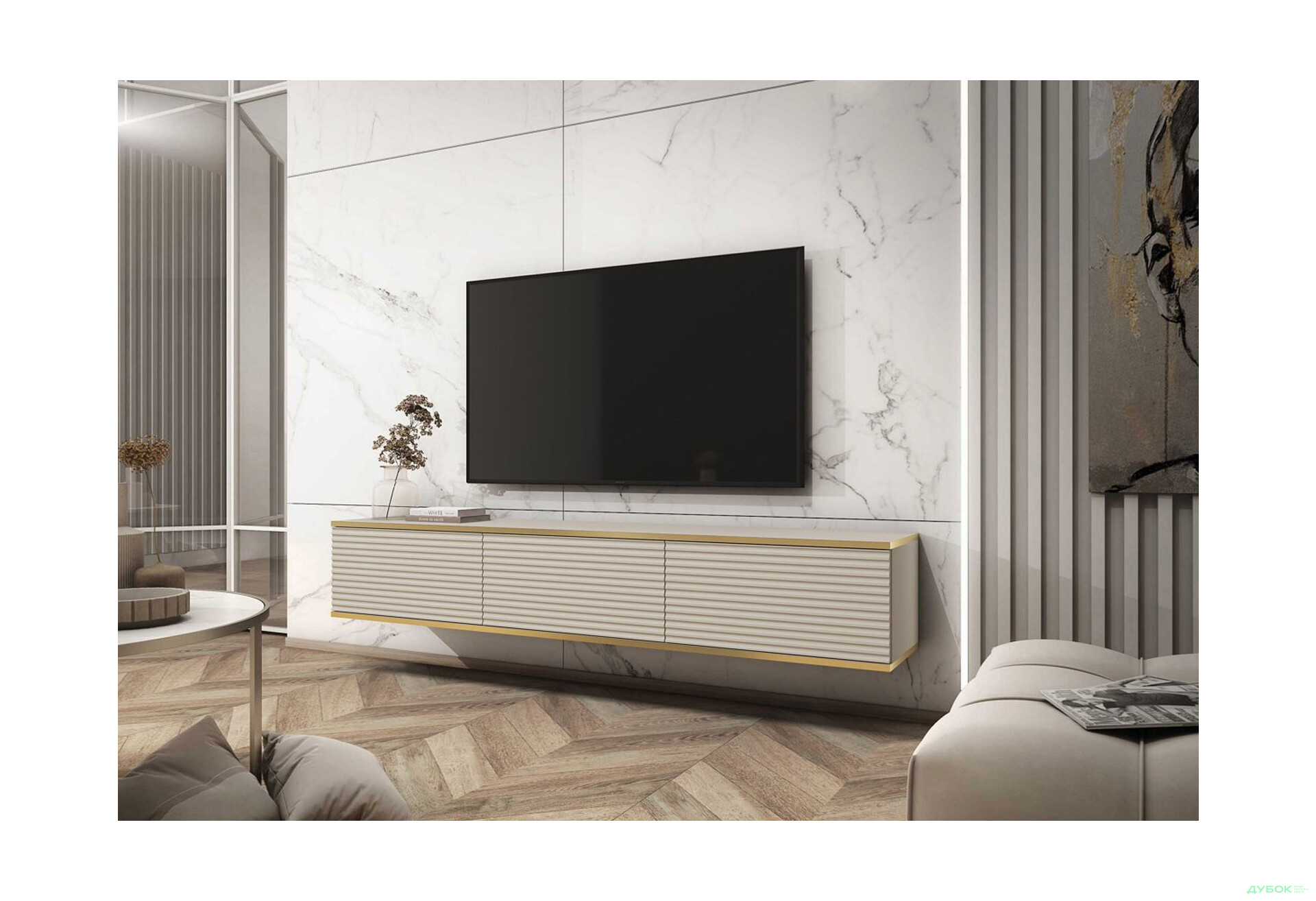 Тумба под ТВ Perfect Home Оро / Oro MDF навесная с 3 дверками 175 см, бежевый - Изображение 2 Изображение 2 - Тумба под ТВ Perfect Home Оро / Oro MDF навесная с 3 дверками 175 см, бежевый