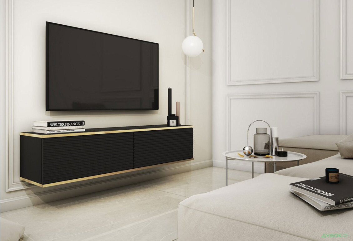 Тумба під ТВ Perfect Home Оро / Oro MDF навісна з 2 дверками 135 см, чорний - Зображення 2 Зображення 2 - Тумба під ТВ Perfect Home Оро / Oro MDF навісна з 2 дверками 135 см, чорний