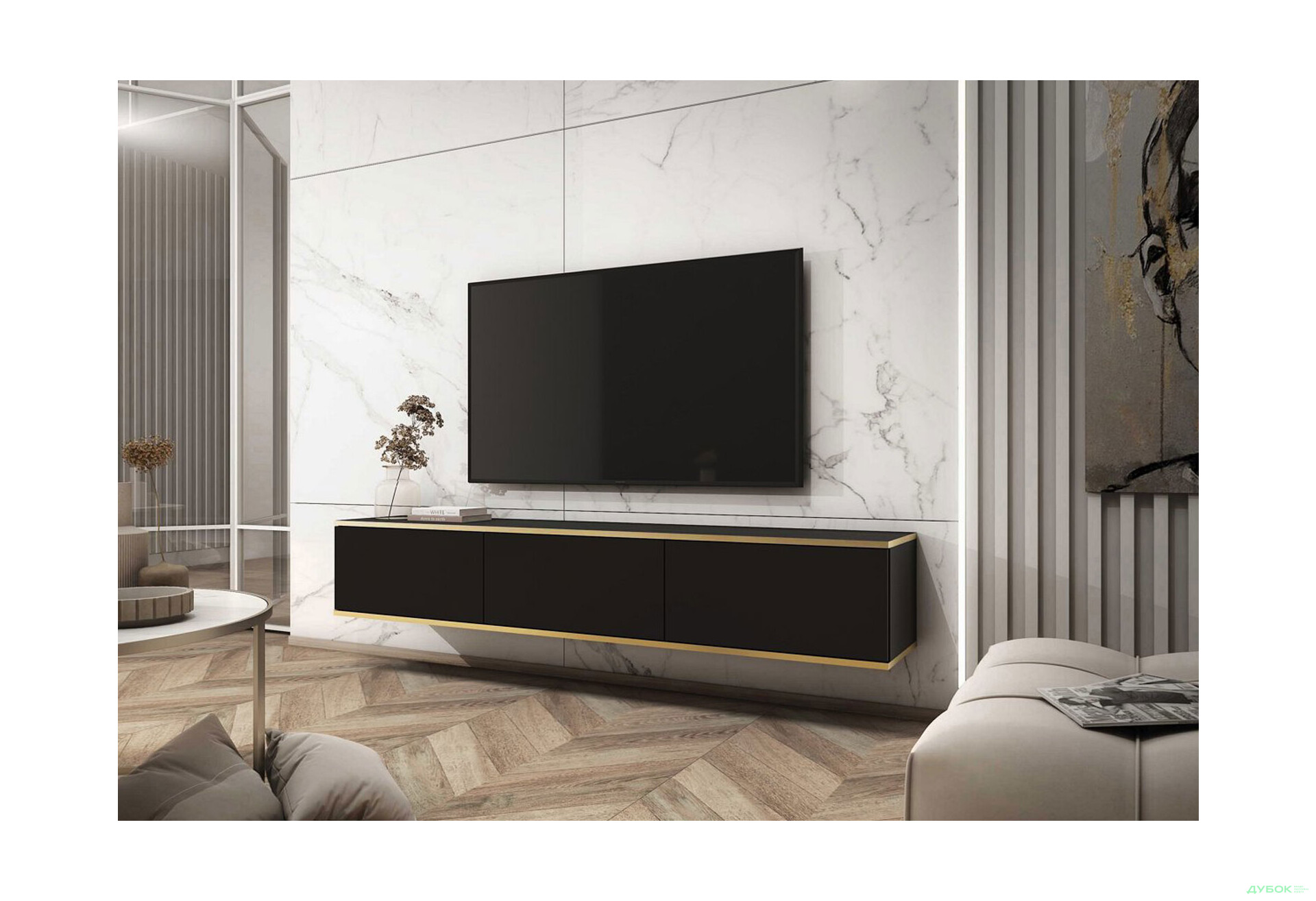 Тумба под ТВ Perfect Home Оро / Oro навесная с 3 дверками 175 см, черный - Изображение 2 Изображение 2 - Тумба под ТВ Perfect Home Оро / Oro навесная с 3 дверками 175 см, черный