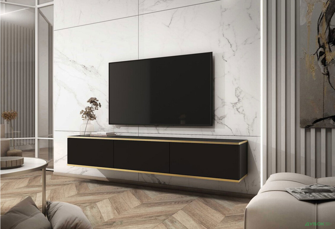 Тумба под ТВ Perfect Home Оро / Oro навесная с 3 дверками 175 см, черный - Изображение 2 Изображение 2 - Тумба под ТВ Perfect Home Оро / Oro навесная с 3 дверками 175 см, черный