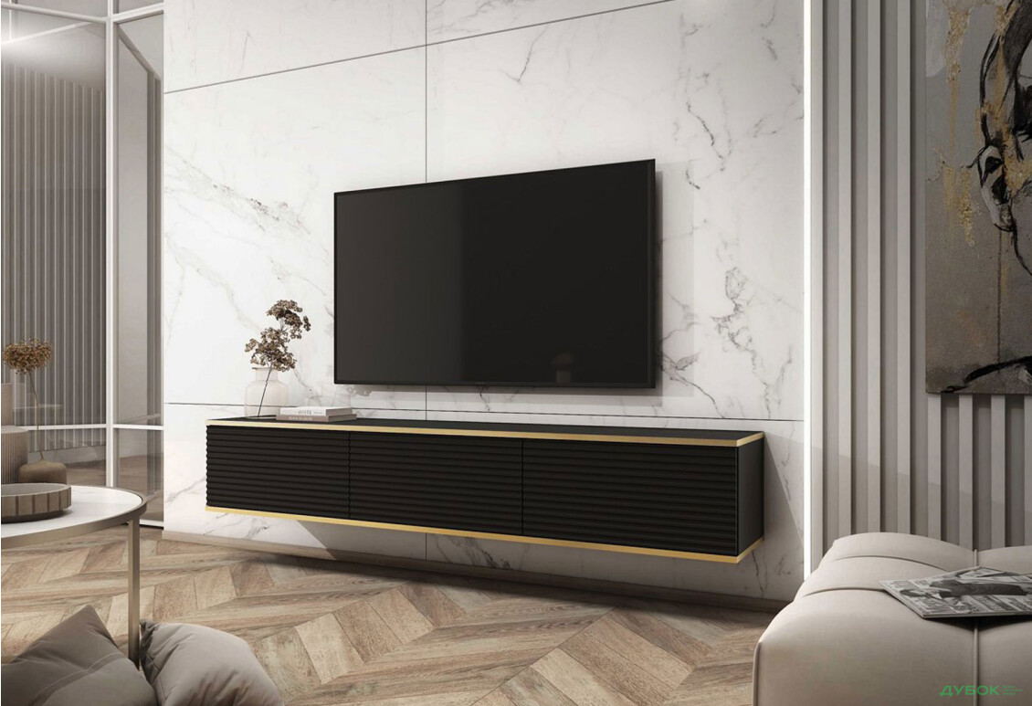 Изображение 2 - Тумба под ТВ Perfect Home Оро / Oro MDF навесная с 3 дверками 175 см, черный